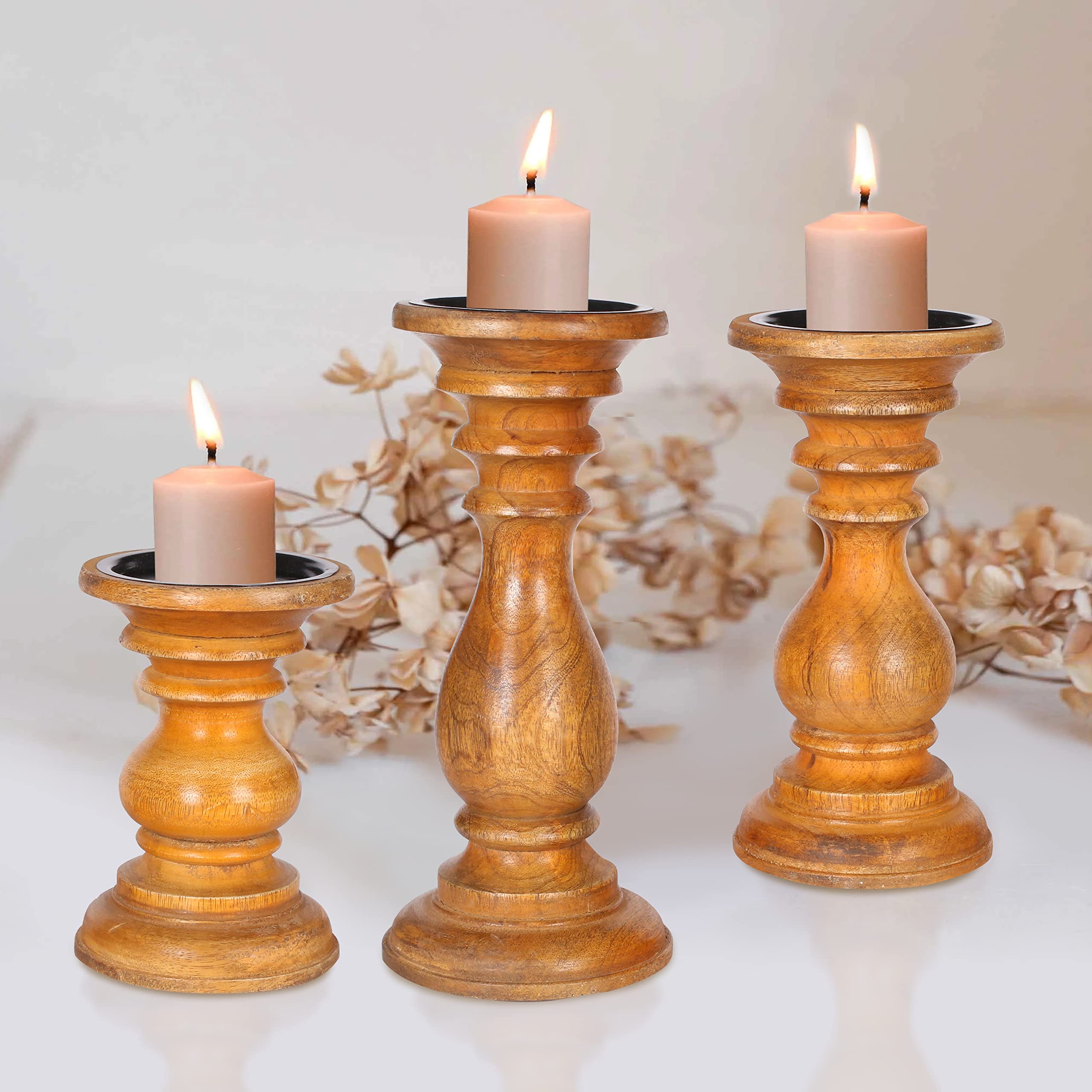 Wooden Candle Holder Stand Set of 3 (6, 8, 10 Inch) - Rustic Mahogany Candelabra for Wedding Unity Ceremony, Party Decor, Home & Spa Ambiance - Country Style Turned Column Design - Perfect Gift for Special Occasions