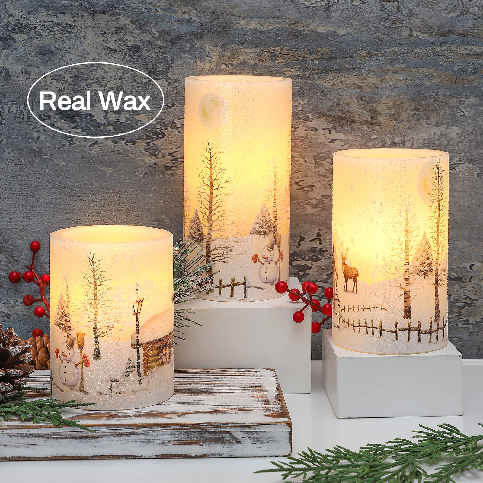 Flameless LED Candles with Remote & Timer - Real Wax Battery Operated Holiday Decor Lights for Christmas, Snowman Snow Scene - Perfect for Table Centerpiece, Room Decor, and Festive Gift Giving