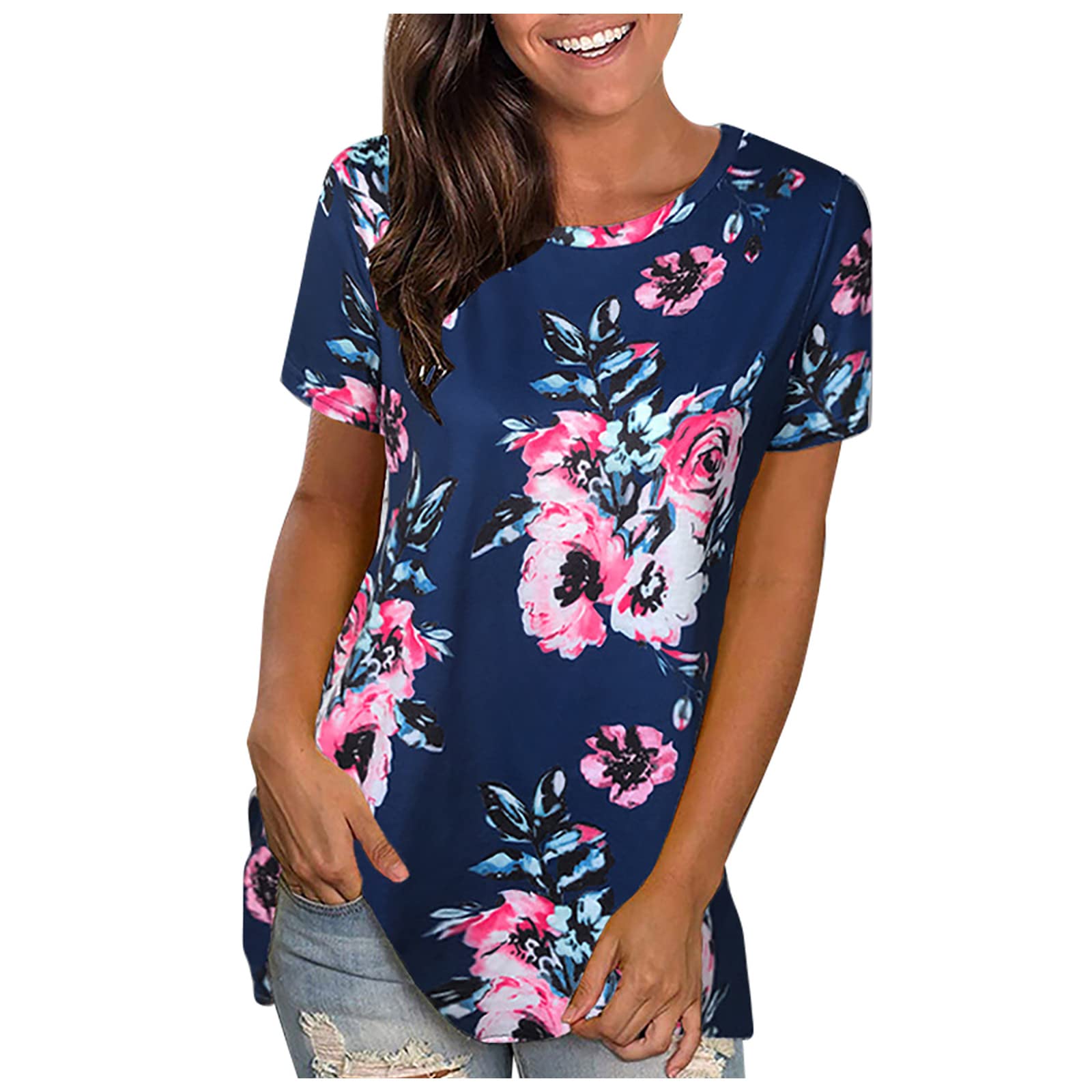 Trendy Floral Print Women's Summer Tops - Slim Fit Short Sleeve O-Neck Blouse for Office, Date Night & Casual Wear | Pink Dressy Shirt