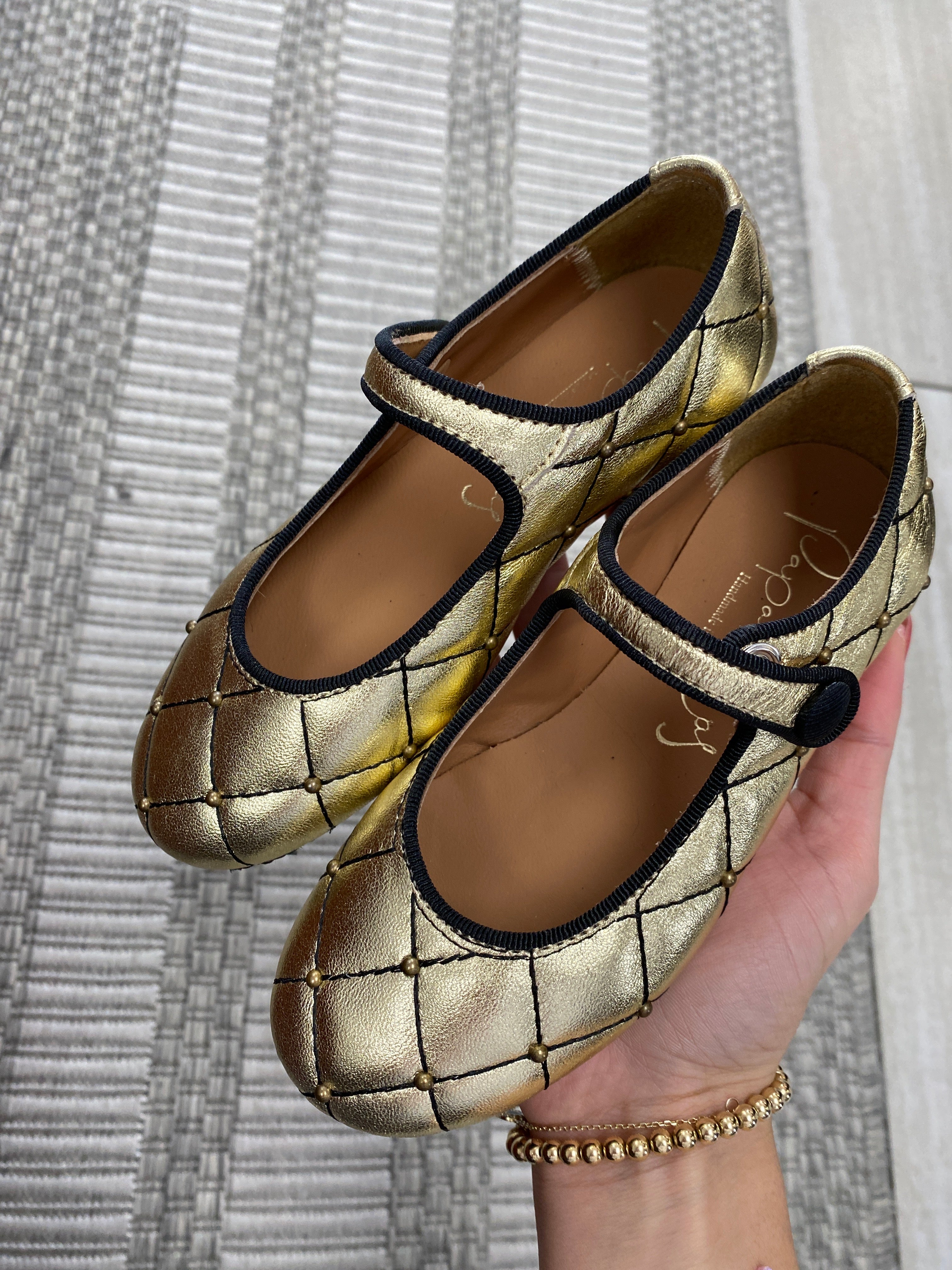 Papanatas Gold Quilted Stud Mary Jane Shoes - Elegant Women's Heels for Parties, Weddings & Special Occasions