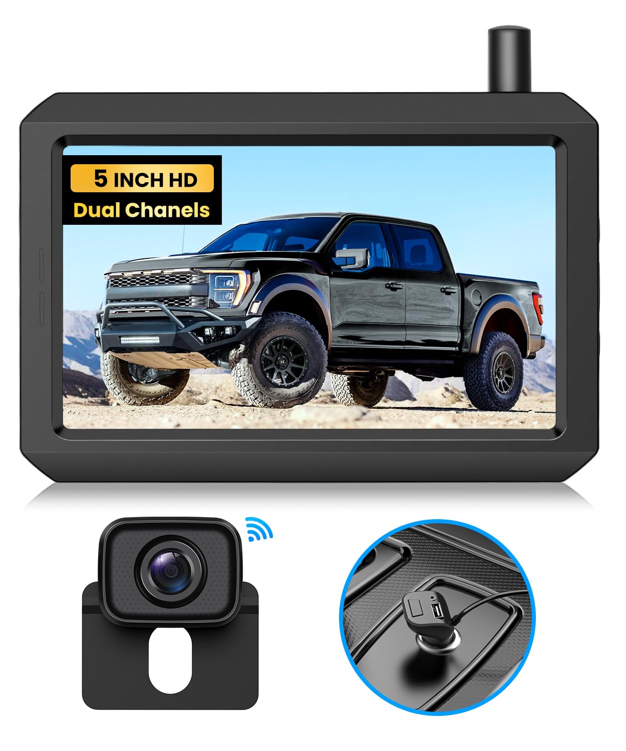 AUTO-VOX W7Pro 5 Inch HD Wireless Backup Camera System with Stable Digital Signal & Dual Channel Color Night Vision - Easy Install Rear View Camera for Car, SUV, Pickup Truck, Van | Perfect for Parking, Reversing & Night Driving Safety