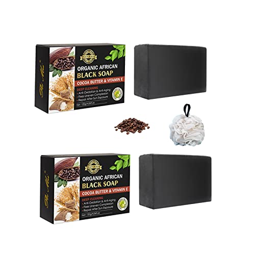Organic Cocoa Butter Black Soap Bar - Deep Cleansing African Black Soap with Natural Cocoa Butter (2 Pack) for Acne, Eczema & Dark Spot Treatment - Perfect for Face & Body Care