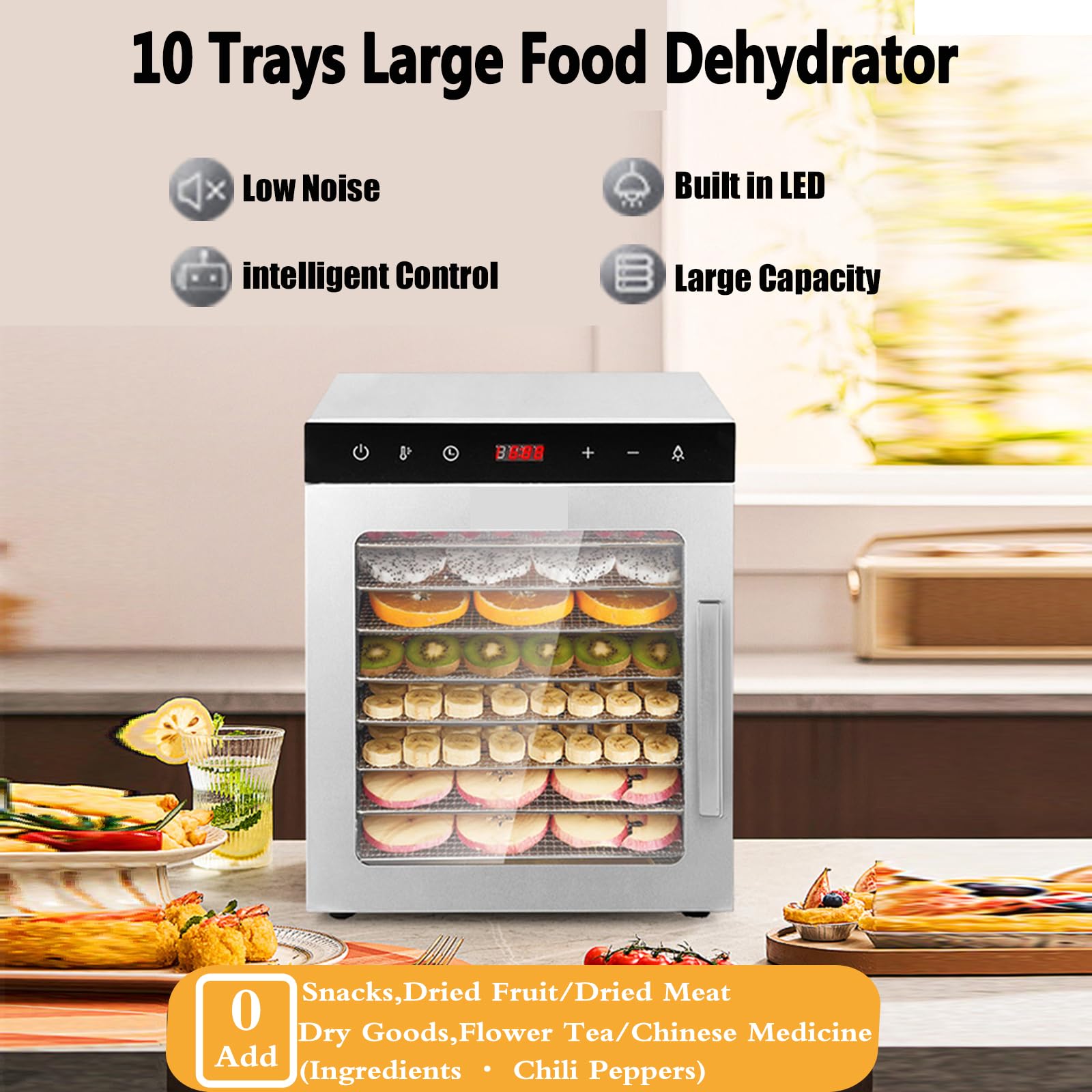 Commercial Food Dehydrator Machine - 10 Stainless Steel Trays with Adjustable Timer & Temperature Control - Perfect for Drying Fruits, Meat, Beef Jerky, Herbs - Ideal for Home Kitchens, Restaurants & Food Preservation Businesses