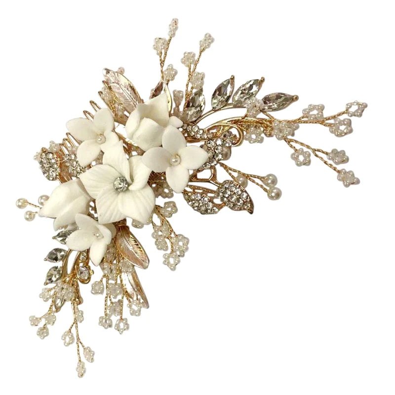 Elegant Gold Floral Hair Comb with Crystals & Pearls for Brides - Wedding Hair Accessory A7647 | Perfect for Bridal, Prom, and Special Occasions