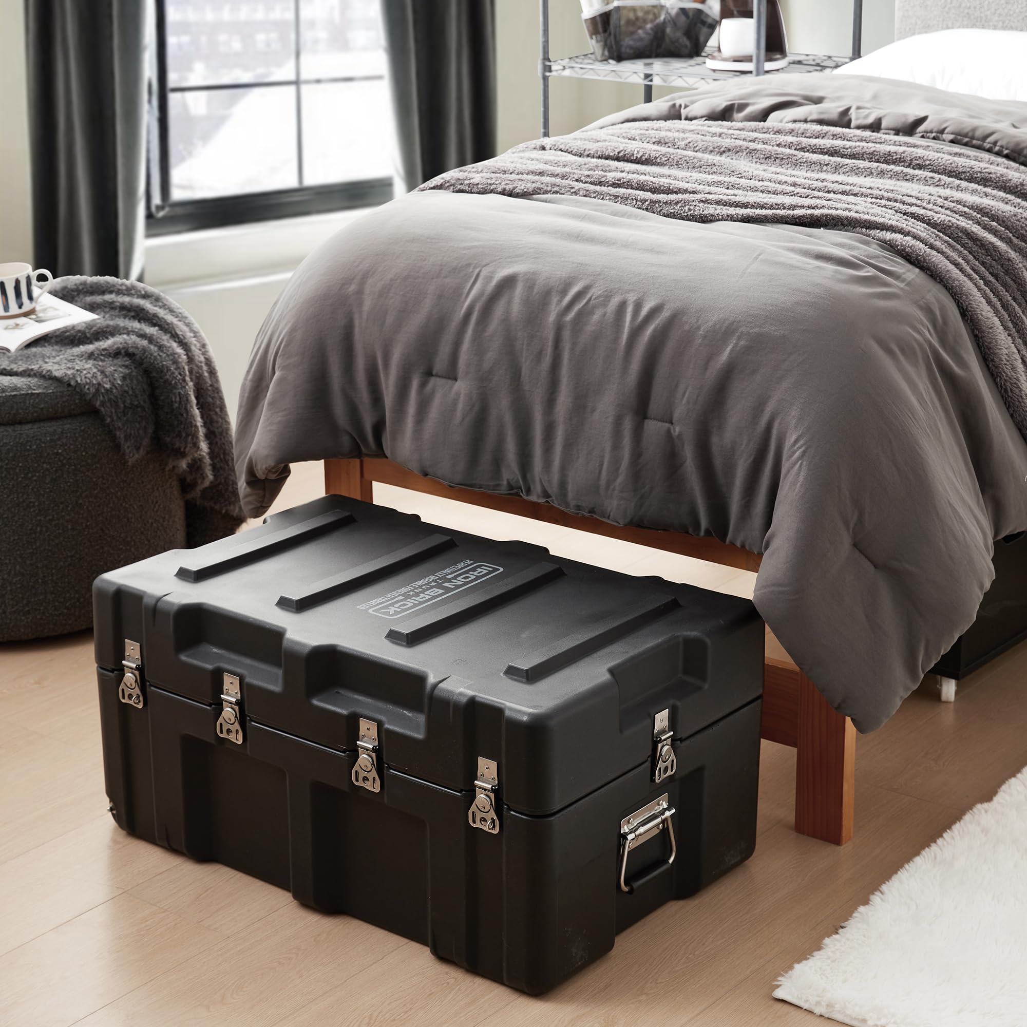 DormCo The Iron Brick® Trunk - Heavy Duty Storage Trunk for College Dorm, Military, or Home Organization - Black - Perfect for Clothes, Books & Bedding Storage
