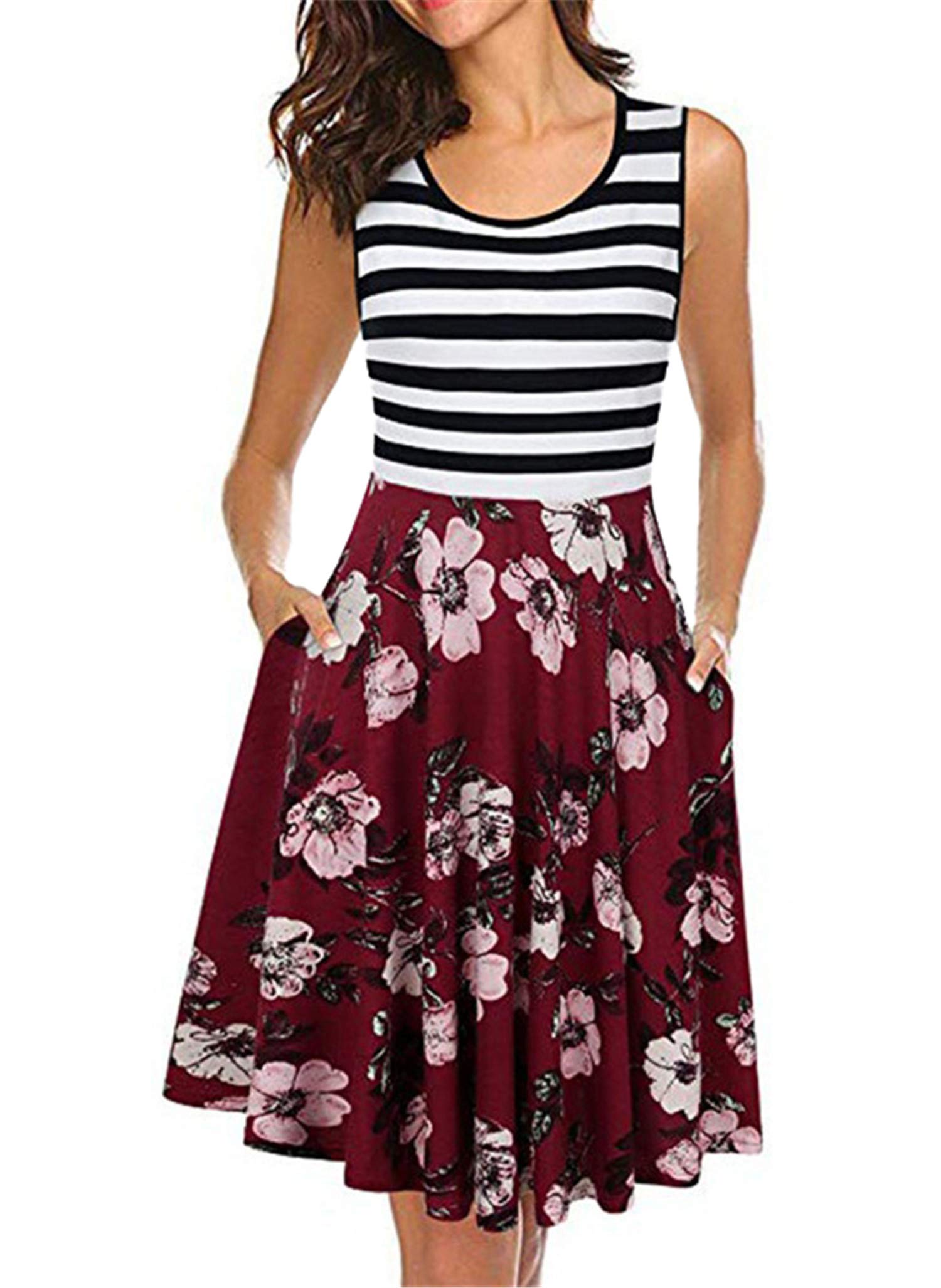 Andongnywell Women's Short Sleeve Floral Striped Swing Dress with Pockets - Casual Summer Dress for Beach, Vacation & Daily Wear