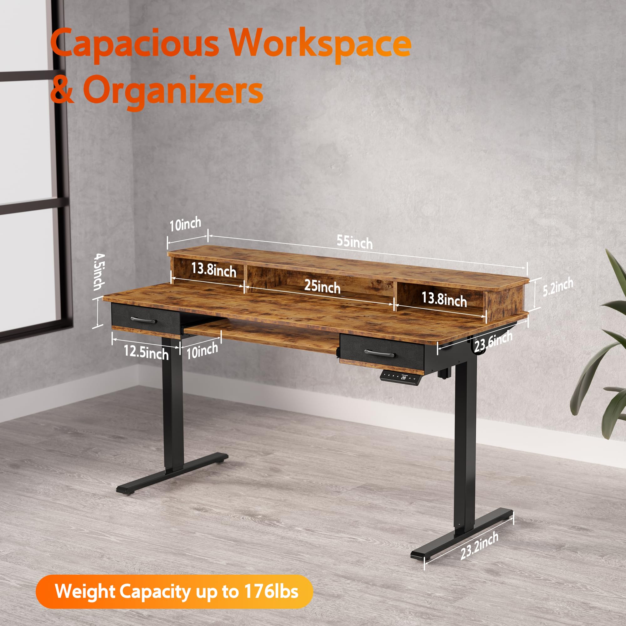 55x24 Inches Electric Height Adjustable Standing Desk with Keyboard Tray & 2 Drawers - Ergonomic Sit to Stand Computer Table with Storage Monitor Stand in Rustic Brown - Perfect for Home Office, Gaming Setup & Workspace Organization