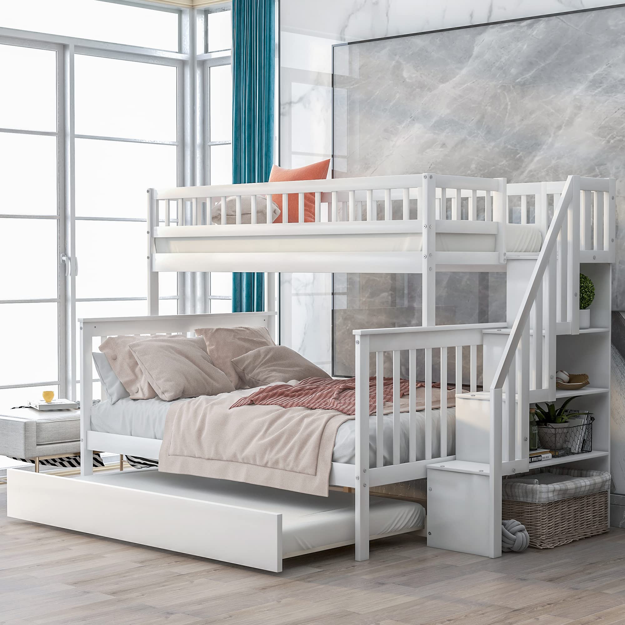 Merax Twin-Over-Full Stairway Bunk Bed for Kids - Solid Wood Loft Bed with Storage Drawer & Trundle - Space Saving Kids Bedroom Furniture for Small Rooms - Perfect for Siblings Sharing or Sleepovers (White)