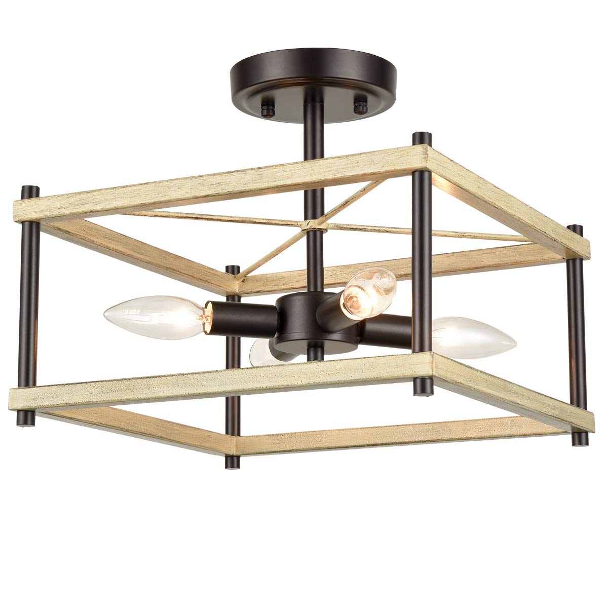 12-Inch Farmhouse Semi Flush Mount Ceiling Light - Modern Black & Wood 4-Light Fixture for Hallway, Bedroom, Foyer, Kitchen, Living & Dining Room - Perfect for Rustic Home Decor & Cozy Ambiance