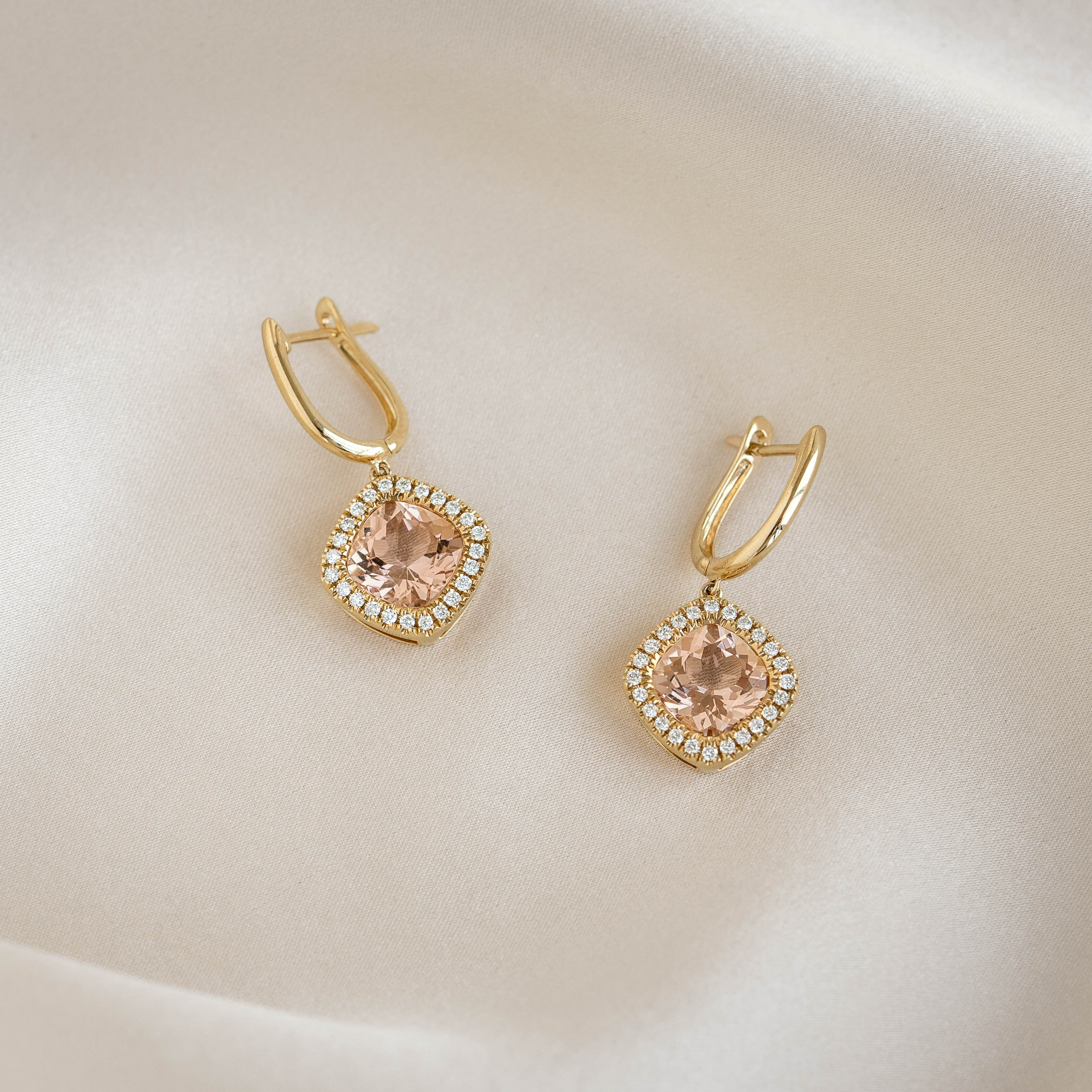 14K Gold Morganite and Diamond Halo Drop Earrings | Elegant Dangle Earrings for Women | Perfect for Weddings, Parties & Special Occasions