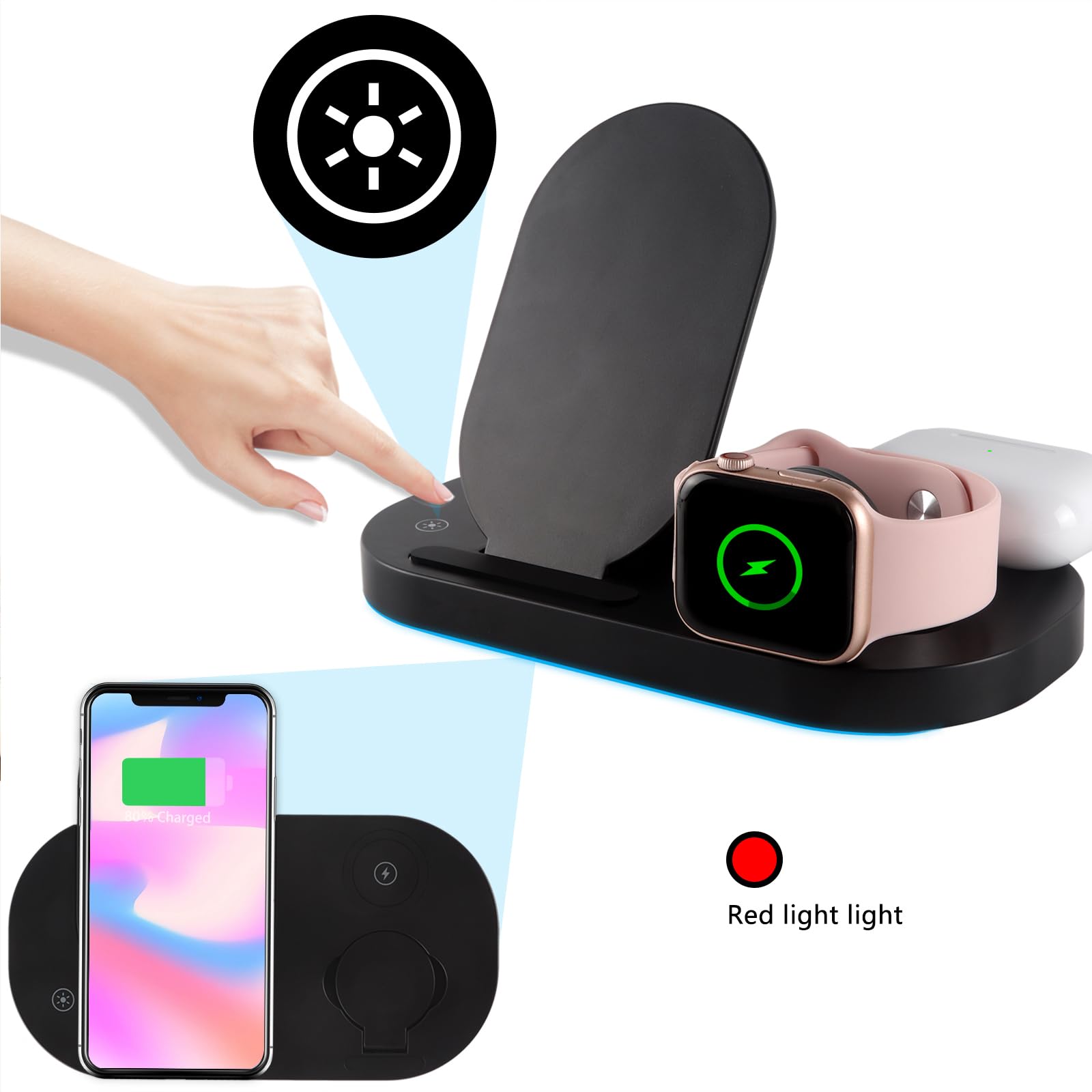 3-in-1 Wireless Charging Station - Qi Certified Fast Charger Stand for iPhone 12/11/XS/XR/X/8, Apple Watch Series 6/5/4/3/2 & AirPods 2/Pro - Perfect for Bedside, Office Desk & Travel Charging