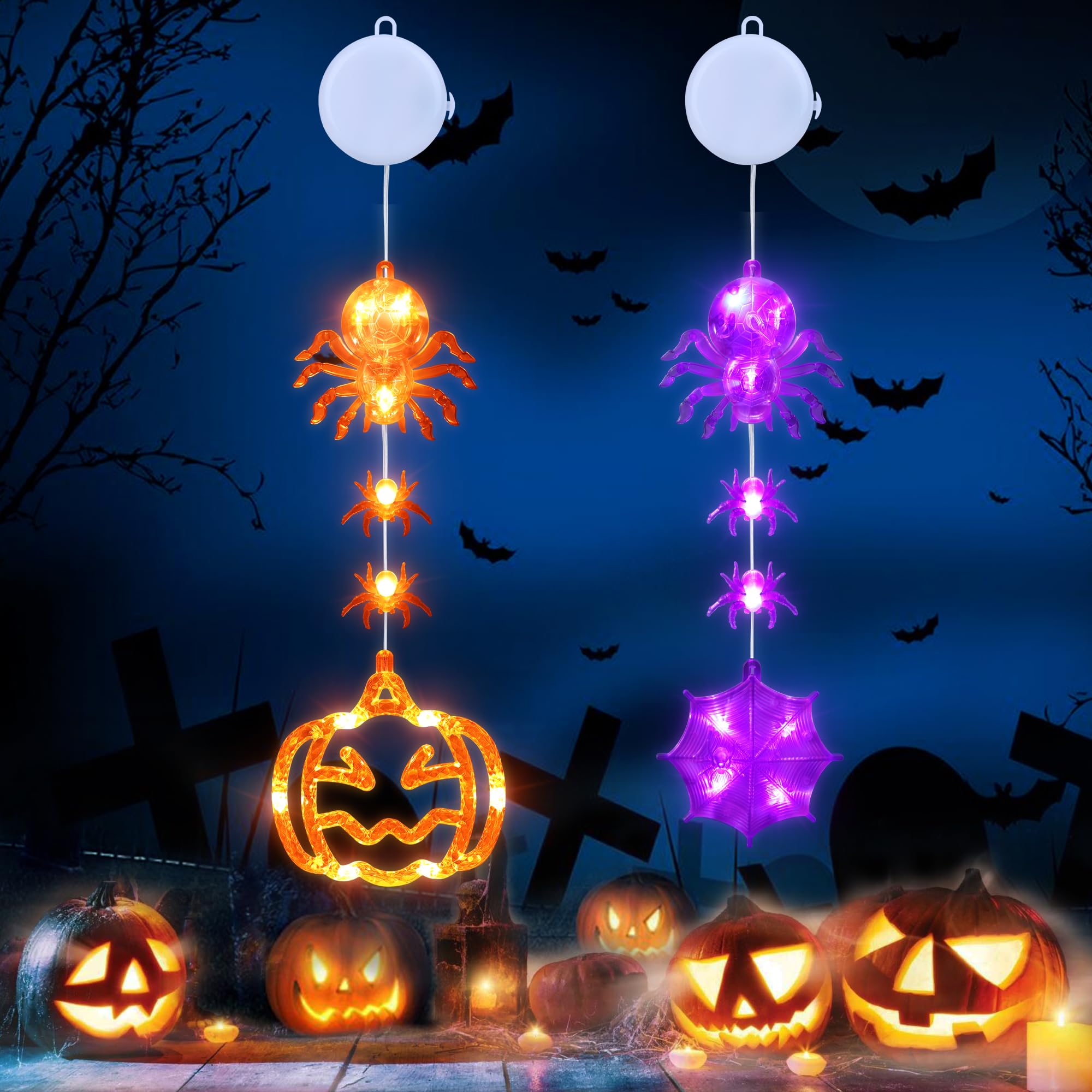 Lyhope Halloween Window Lights - Hanging Pumpkin Spider Web Decor with Timer & Suction Cup Hooks - Orange Purple Battery LED Lights for Indoor Wall Glass Decor - Perfect for Halloween Party, Home, Porch & Haunted House Decorations