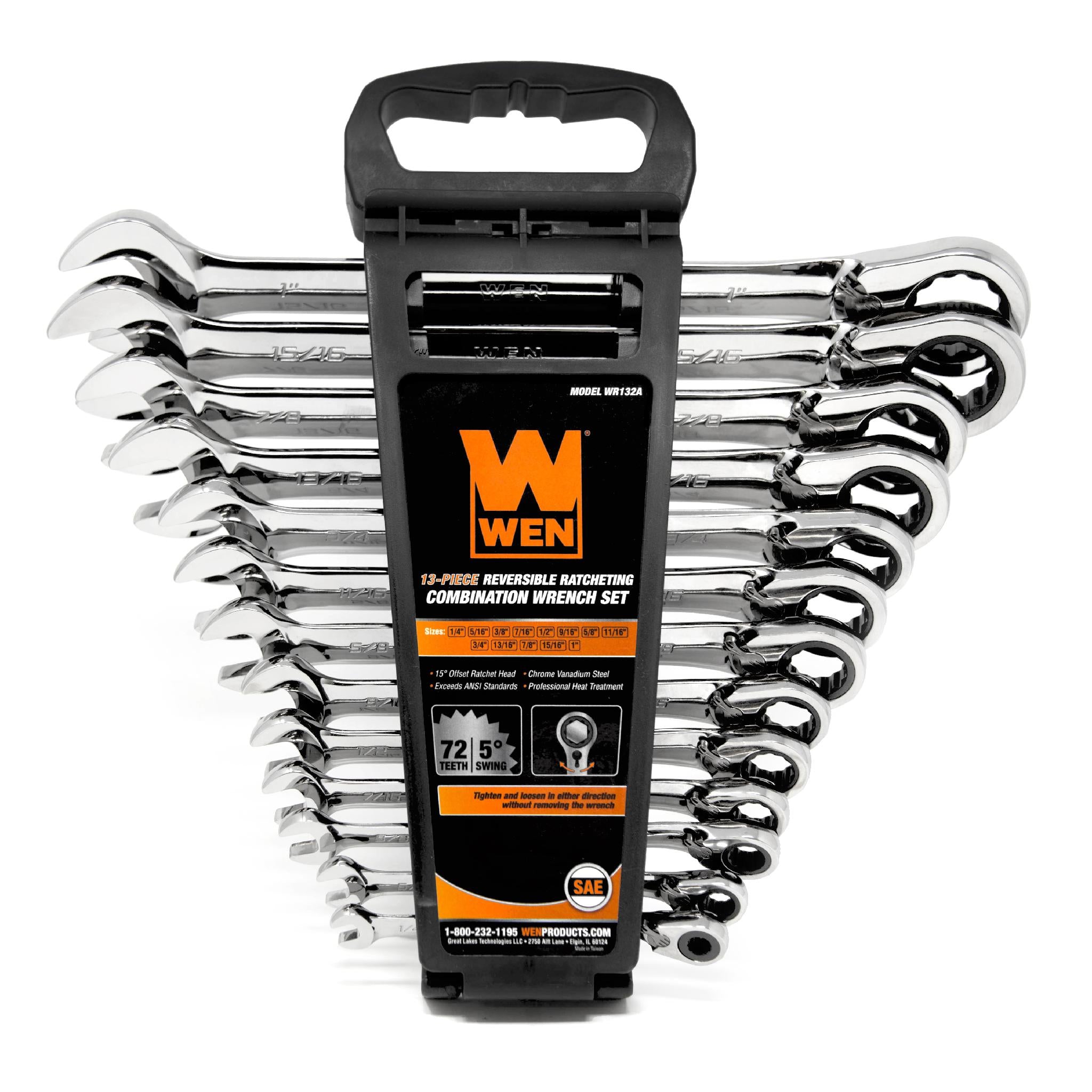 WEN WR132A 13-Piece Professional Grade Reversible Ratcheting SAE Combination Wrench Set with Storage Rack - Perfect for Automotive Repair, Machinery Maintenance & DIY Projects