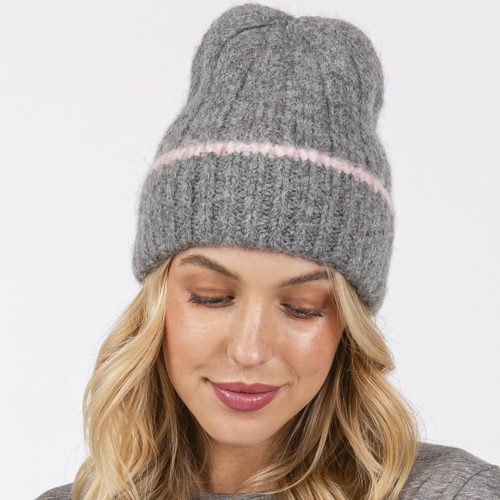 Contrast Trim Cuffed Beanie Hat for Men & Women - Winter Warm Knit Cap for Outdoor Activities, Skiing, Snowboarding