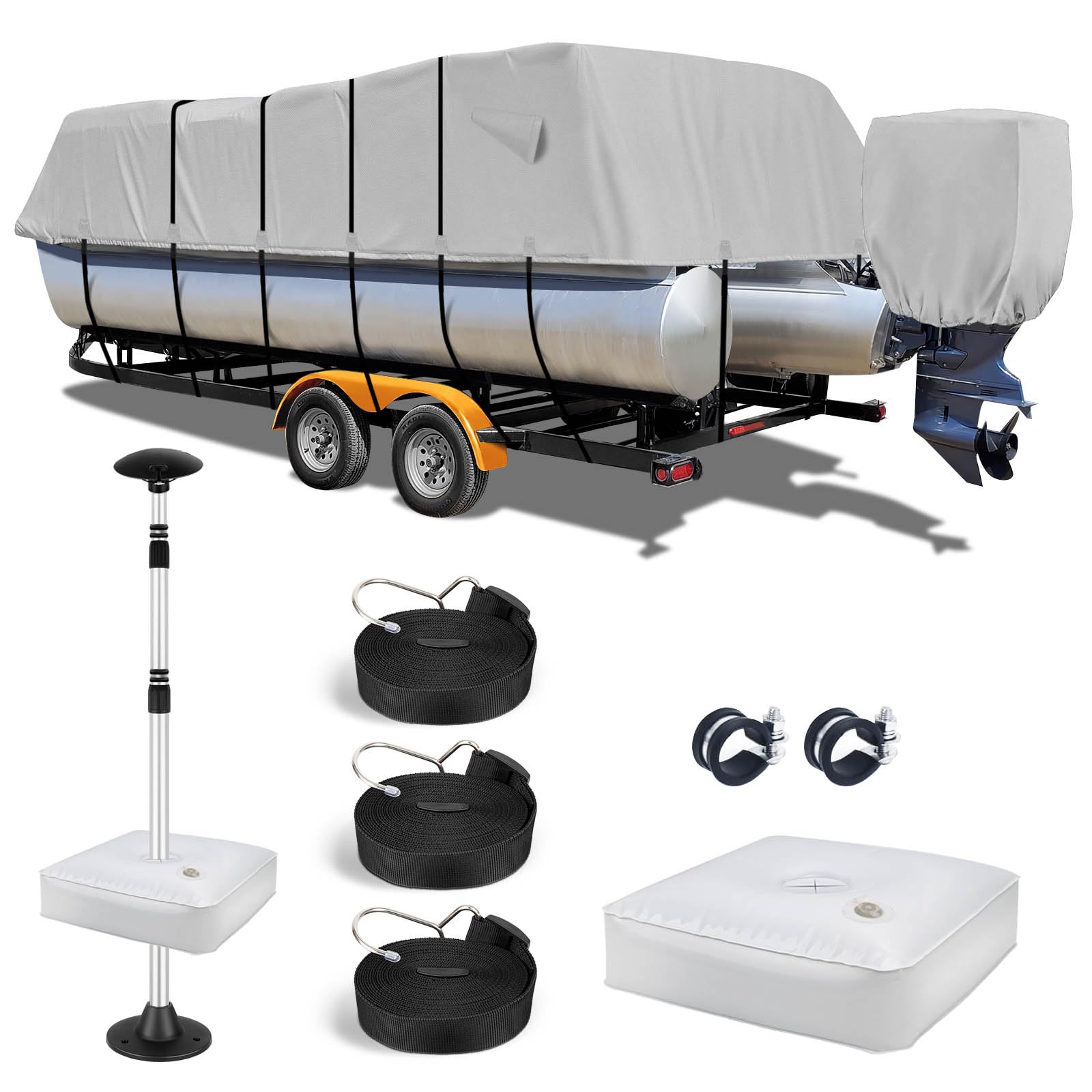 Heavy Duty 1200D Waterproof Pontoon Boat Cover with Poles & Motor Cover - Grey, Fits 17-20ft Boats - Ideal for Outdoor Storage & Marine Protection