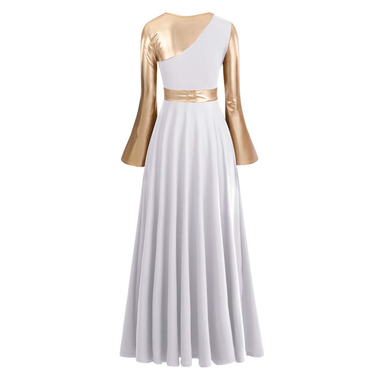 Metallic Praise Dance Dress for Women - Color Block Bell Sleeve Long Liturgical Worship Dress | Church Performances, Gospel Choir, Spiritual Dance Costume
