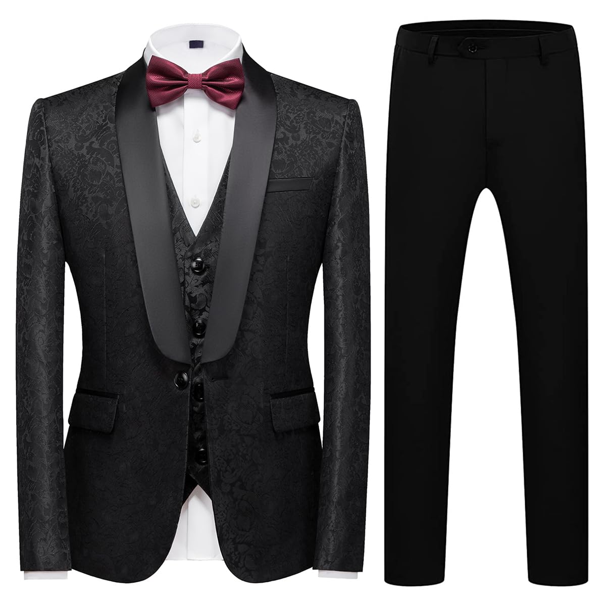 Men's Slim Fit 3-Piece Tuxedo Suit Set with Shawl Lapel & Paisley Design - Formal Skinny Fit for Wedding, Prom, Gala & Black Tie Events