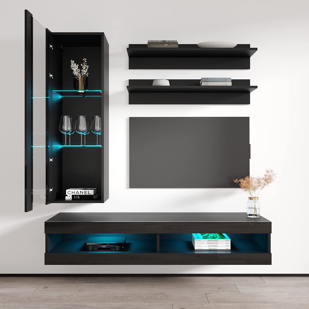 Modern Floating TV Stand with Storage & LED Lights - Wall-Mounted Entertainment Center for Living Room & Bedroom - Holds up to 34