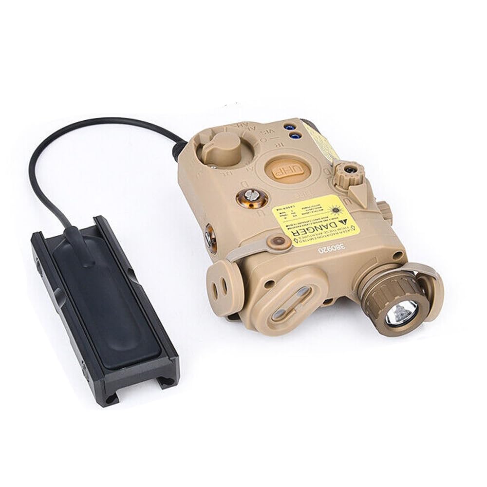 PEQ15 Tactical Laser Sight with Pressure Switch - IR Laser, Red/Green/Blue Laser & Strobe/Constant White Light - 20mm Rail Mount for AR15, M4, M16 - Perfect for Hunting, Airsoft & Tactical Training (Tan, Blue Laser)
