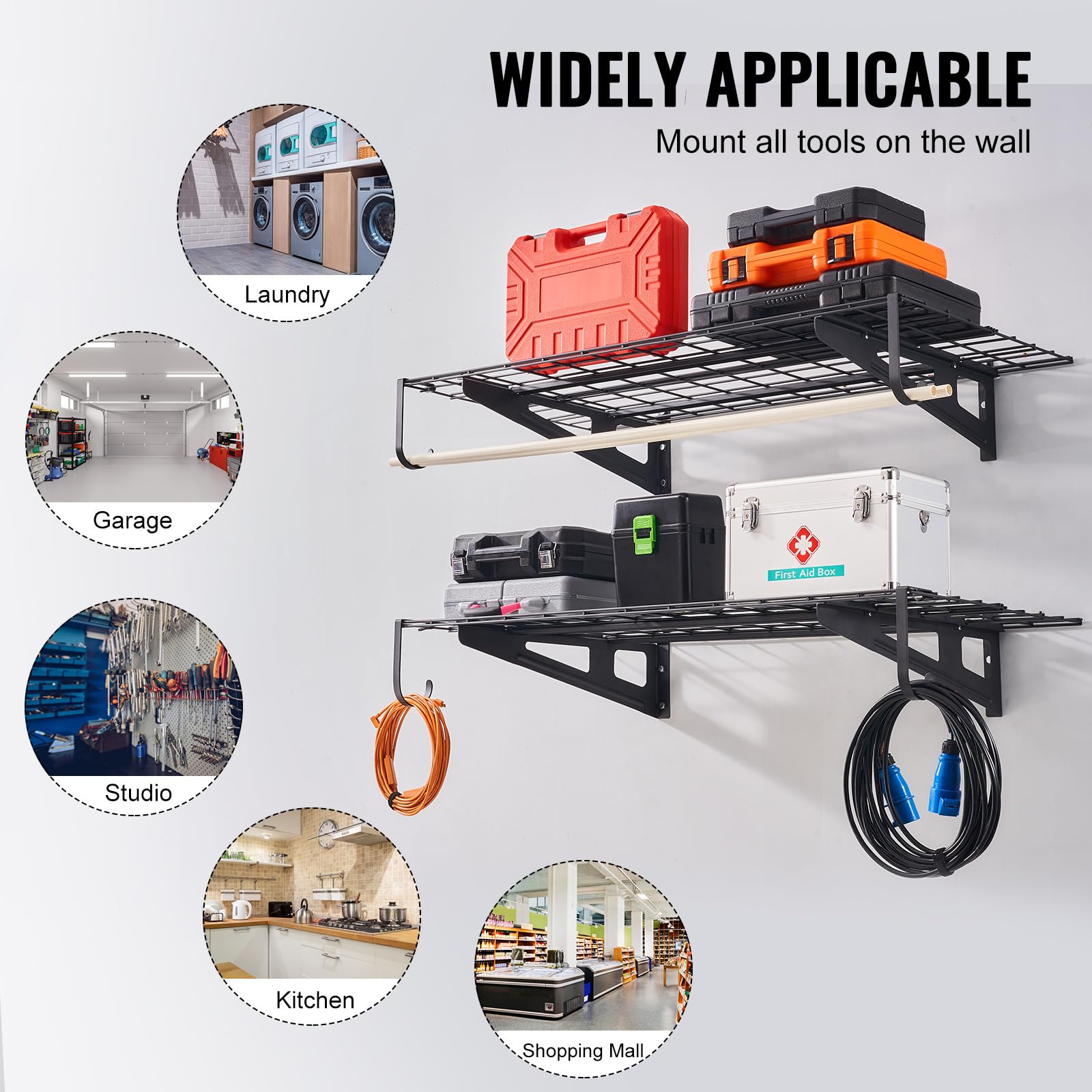 VEVOR 2 Pack Heavy Duty Garage Wall Shelves 2x4 ft, 500lbs Capacity Wall Mounted Storage Rack - Floating Shelves for Garage, Shop, Shed Organization & Storage | Perfect for Tools, Equipment & Seasonal Items