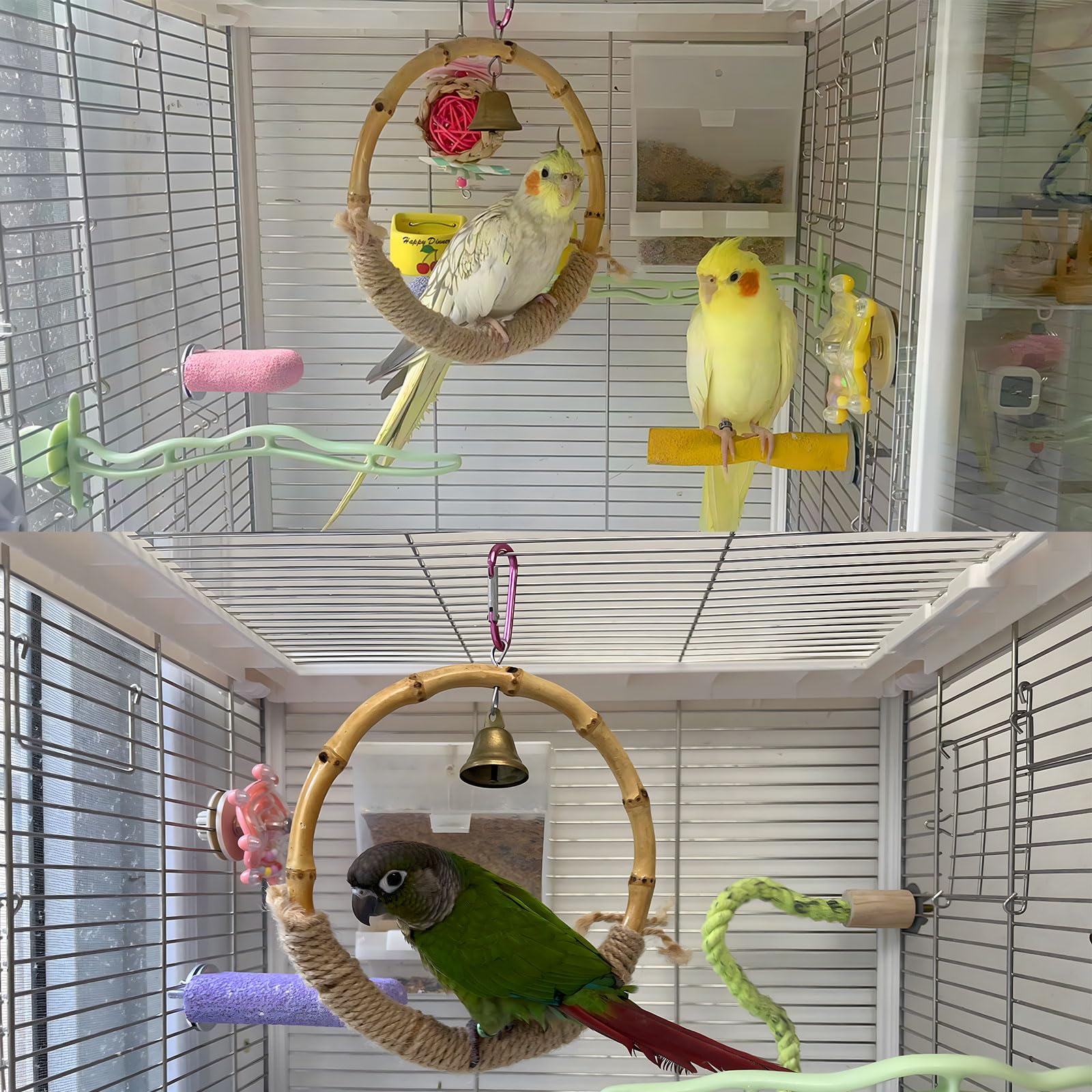 Natural Bamboo Bird Swing Toy for Parakeets & Small Birds - Sturdy Hemp Rope Perch for Cage - Chewing & Climbing Toy for Parrots, Budgies, Cockatiels, Conures, Finches - Perfect for Playtime & Exercise in Bird Cages