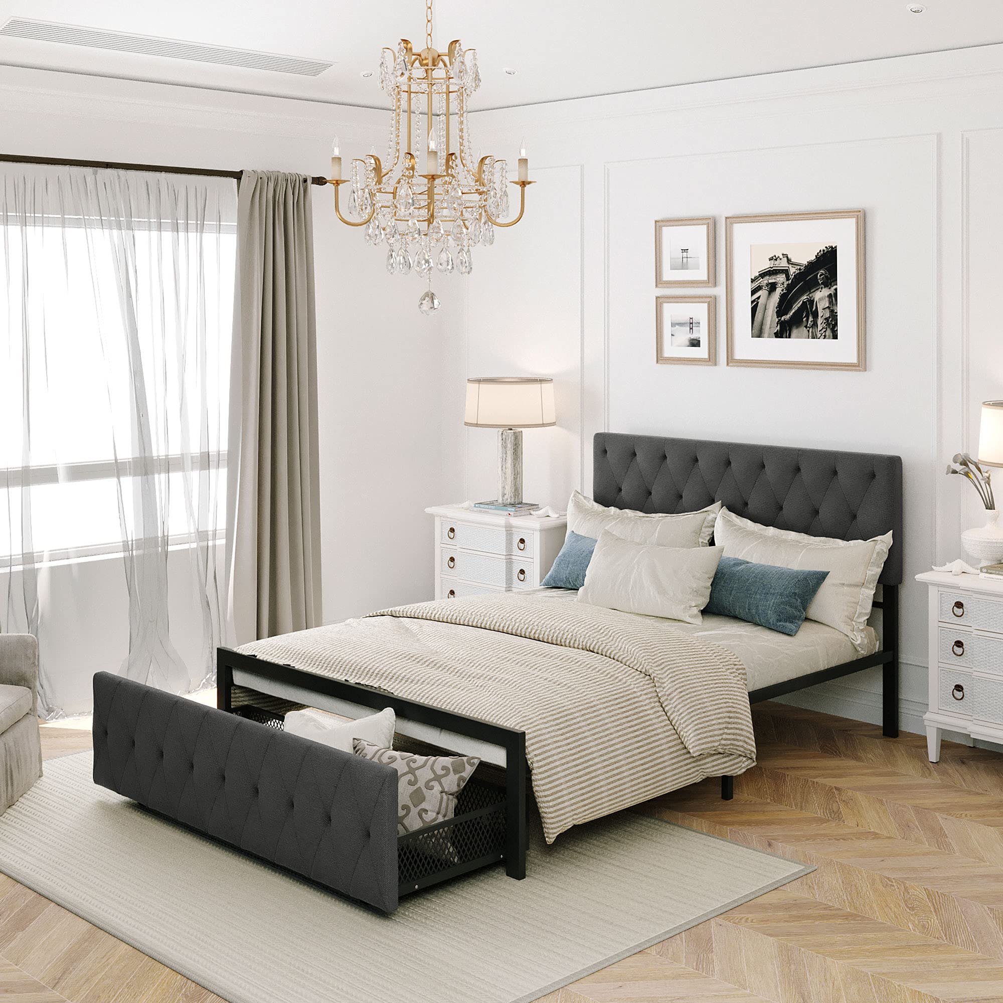 Full Size Upholstered Platform Bed Frame with Storage Drawers & Headboard - Gray Fabric Upholstery, Sturdy Metal Frame | Perfect for Small Bedrooms, Guest Rooms & Dorm Rooms
