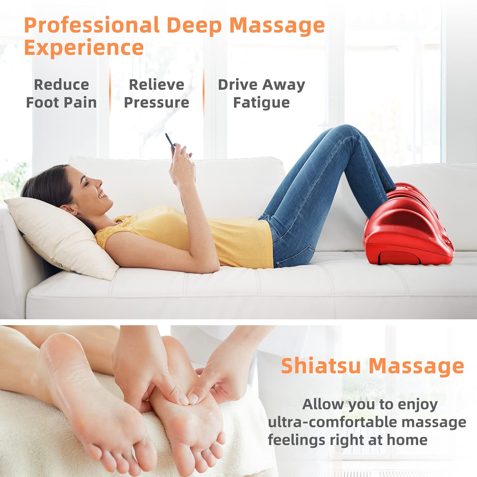 RELAX4LIFE Shiatsu Foot Massager Machine with Remote Control - 4 Programs & 3 Modes for Plantar Fasciitis Relief, Electric Calf & Foot Massager with Deep Kneading & Rolling Therapy - Perfect for Home, Office & Post-Workout Muscle Recovery (Red)