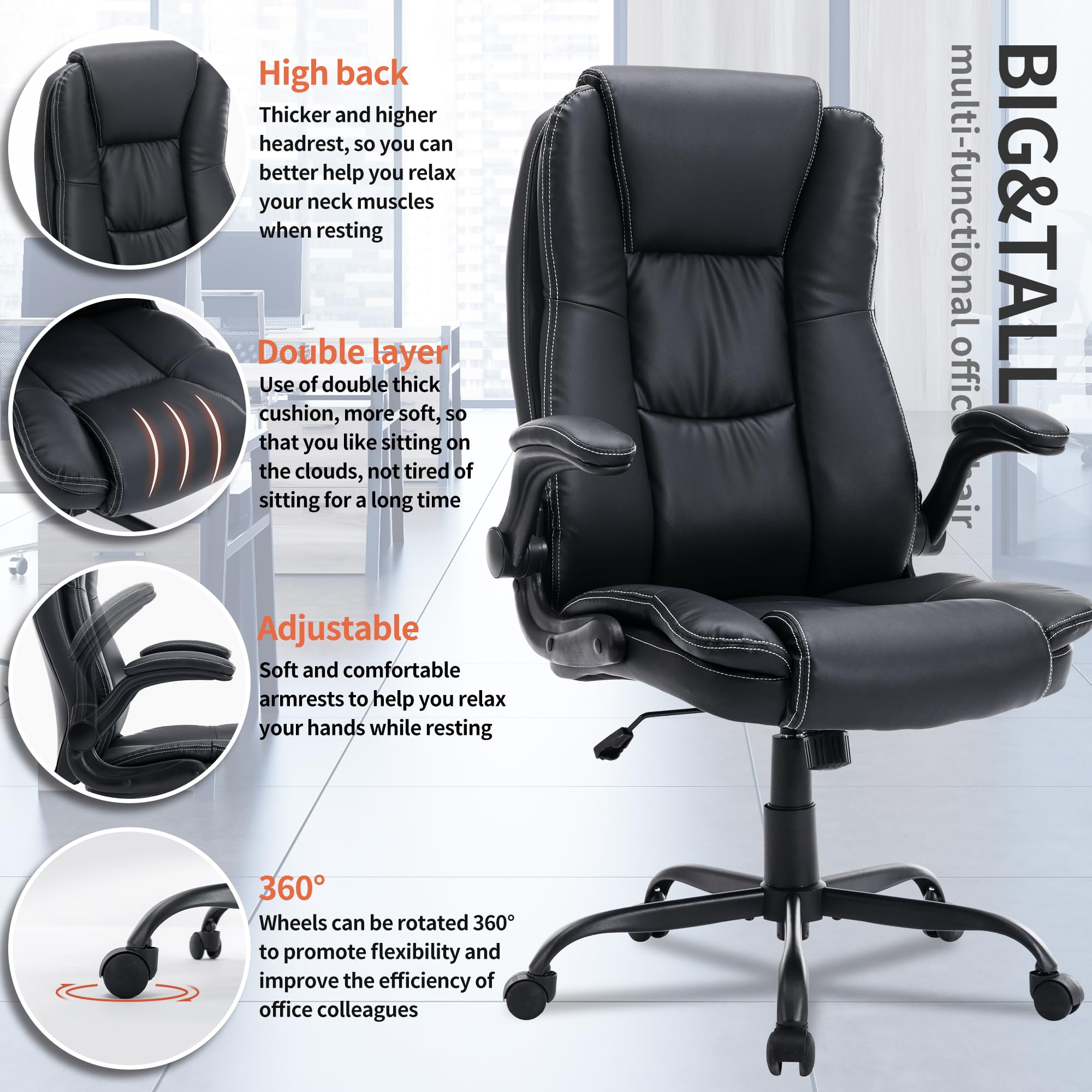 Premium High Back Leather Executive Office Chair - Ergonomic Home & Office Desk Chair with Flip-Up Arms, Lumbar Support & Wheels - Ideal for Long Work Hours, Gaming, and Professional Workspaces