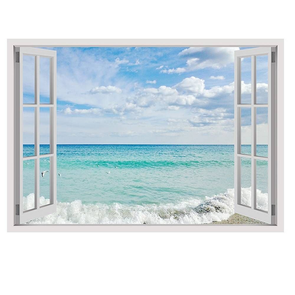 Fake 3D Window Wall Decal - Sea and Sky Panoramic View | 49x35 Inch Vinyl Wall Art Sticker | High Resolution Home Decor for Living Room & Bedroom | Easy Peel & Stick Wallpaper Alternative | Perfect for Coastal & Modern Interior Design