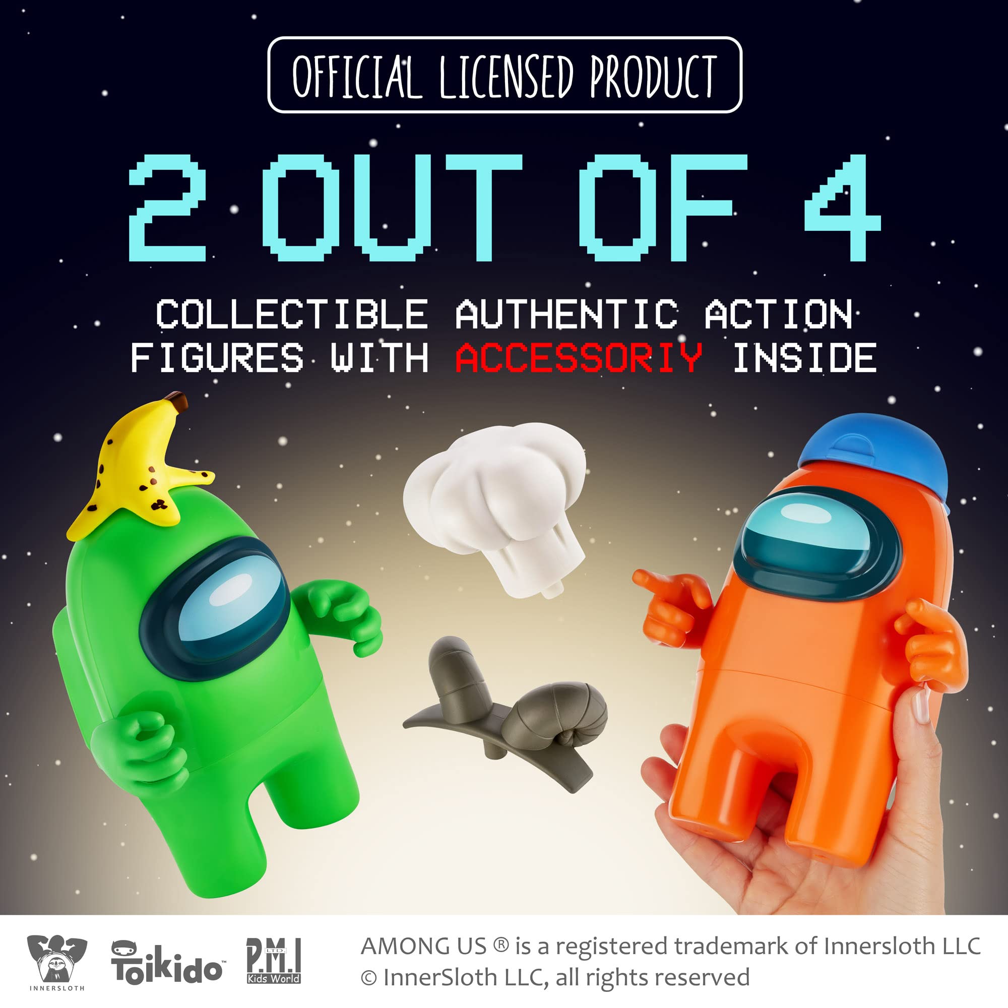 P.M.I. Among Us Action Figures - Set of 2 (Green & Orange) 7-Inch Collectible Crewmates with 6 Accessories (Hats & Hands) | Playable Mini Toys for Kids | Perfect for Birthday Gifts, Game Nights & Among Us Fans Collection