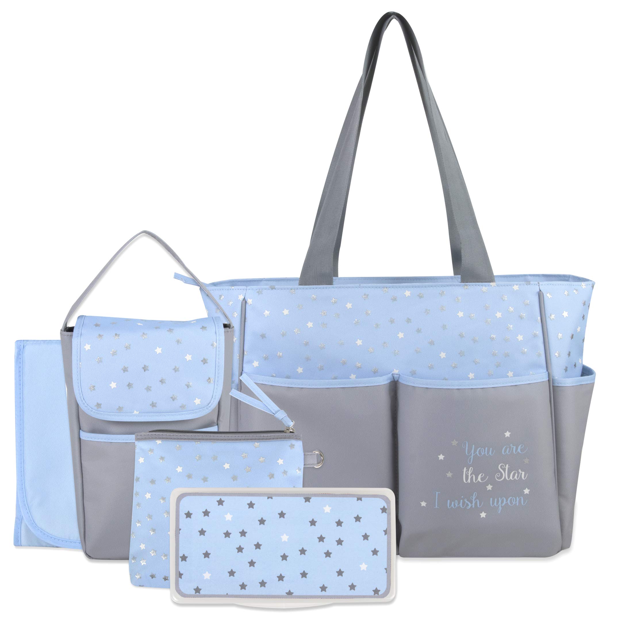 Baby Boys' 5-Piece Stars Diaper Bag Set - Blue, One Size | Newborn Essentials for Travel & Daily Use | Perfect for Diapers, Wipes & Baby Care Items