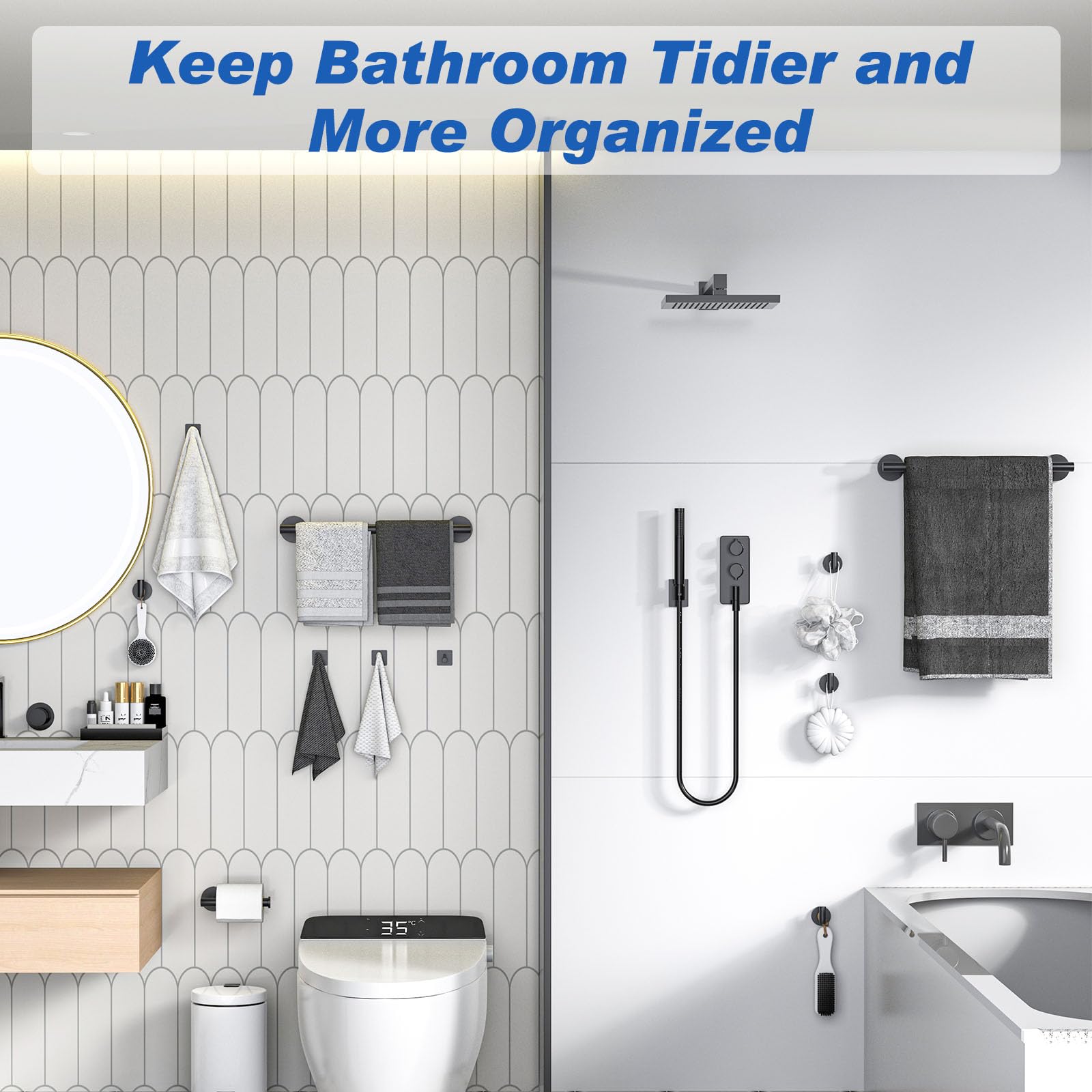BlueFire 12-Piece Bathroom Hardware Set - Wall Mounted Towel Bars, Paper Holders & Hooks (Black) | Complete Bathroom Accessories for Modern Homes | Perfect for Bathroom Organization & Spa-Like Experience