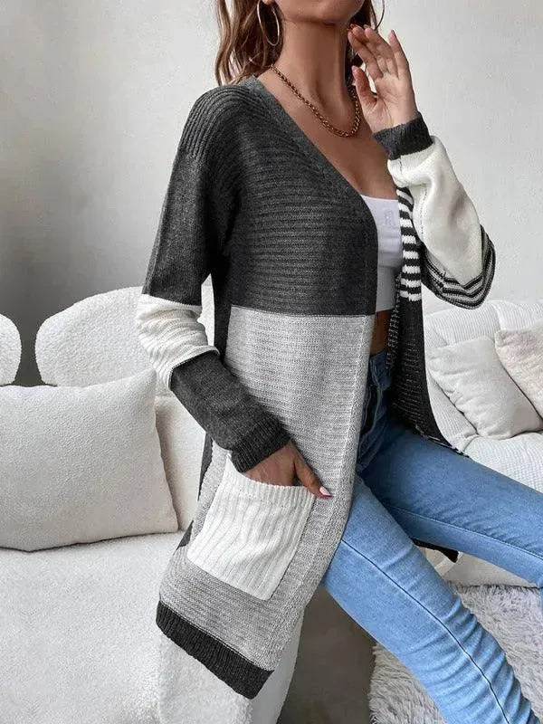 Women's Striped Patchwork Cardigan Sweater - Cozy Knit Pullover for Casual Outfits & Fall Layering