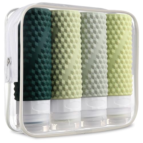TSA Approved 3oz Travel Bottles for Toiletries - Leak Proof, BPA Free Refillable Travel Size Containers with Toiletry Bag (4 Pack) - Perfect for Shampoo, Conditioner & Liquid Soap on Airplanes, Gym or Vacation