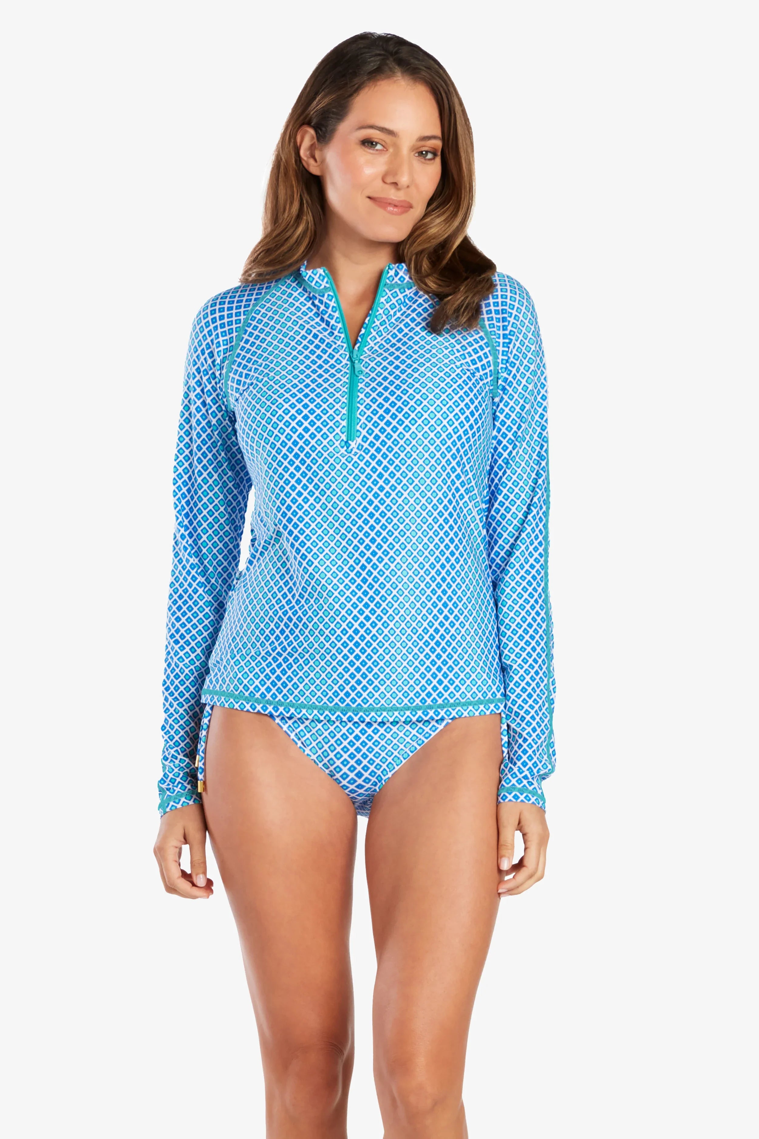 UPF 50+ Sun Protection Shirt for Men & Women - Ombre Geometric Print Long Sleeve Rash Guard for Beach, Swimming & Outdoor Activities