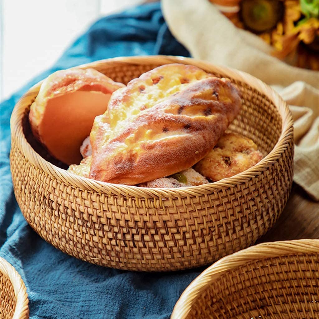 Handmade Woven Wicker Rattan Bread Basket - 20cm for Serving Bread, Fruits, Vegetables & Snacks - Perfect for Restaurants, Cafes & Home Kitchen Display