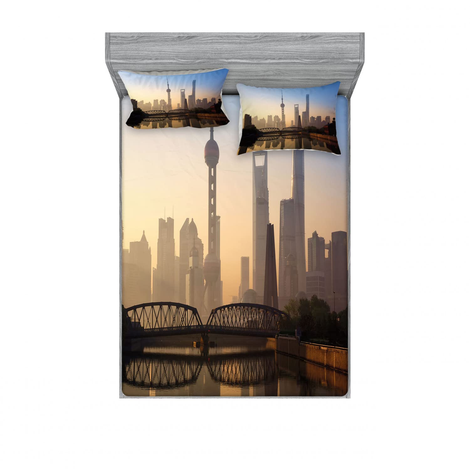 Ambesonne 2-Pack Queen Size Fitted Sheet Set with 4 Pillow Shams - Shanghai Morning View Blue Brown Landscape Design Bedding Collection | Perfect for Guest Rooms, Vacation Homes & Coastal Themed Bedroom Decor