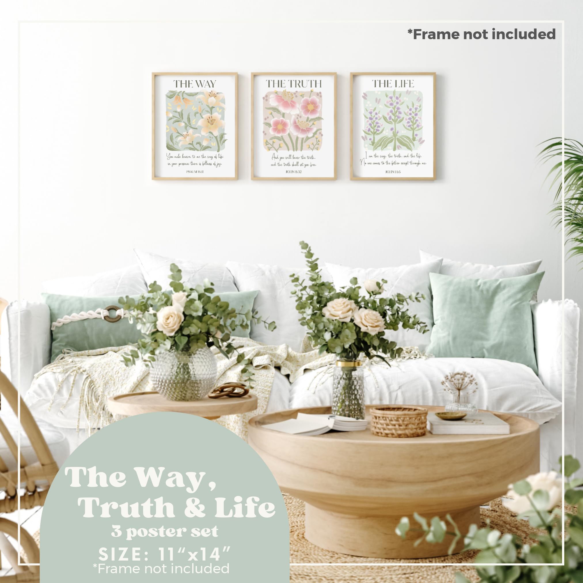 HoneyKICK Christian Wall Art Set of 3 Posters - The Way, Truth, Life Scripture Prints, 11x14 Inches Unframed Bible Verse Decor for Home, Church & Office - Inspirational Christian Gifts & Décor on Premium Cardstock Paper