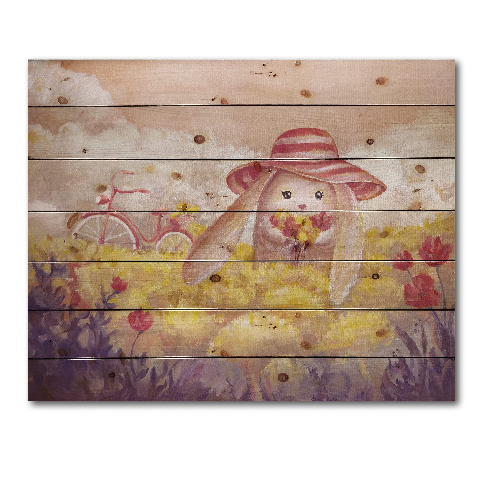DesignQ Little Bunny With Flowers Traditional Wood Wall Decor - Yellow Wood Wall Art, Large Animal Wood Panel Print on Natural Pine - Perfect for Nursery, Living Room & Farmhouse Decor