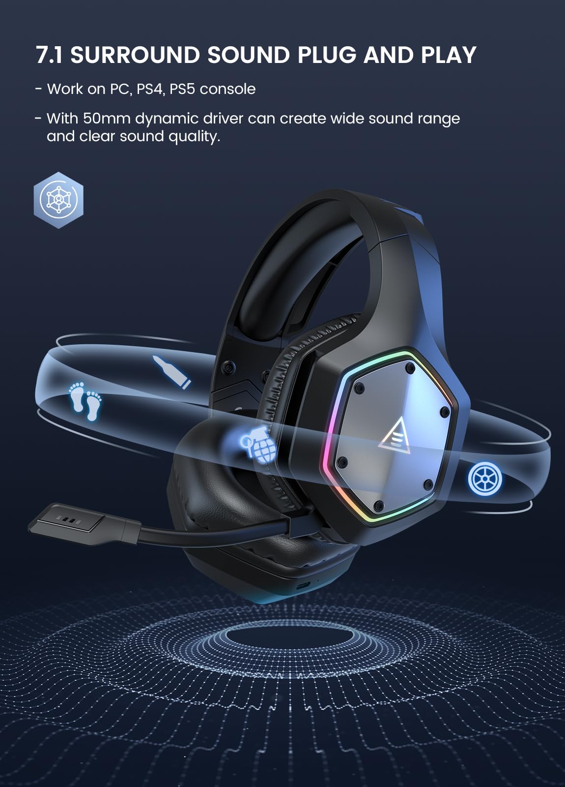 EKSA Wireless Gaming Headset with Microphone - 2.4GHz USB & 3.5mm Wired Headphones for PC, PS5, PS4, Xbox Series X/S, Nintendo Switch - 7.1 Surround Sound, RGB Lighting, Ergonomic Design - Perfect for Competitive Gaming, Streaming & Online Chat