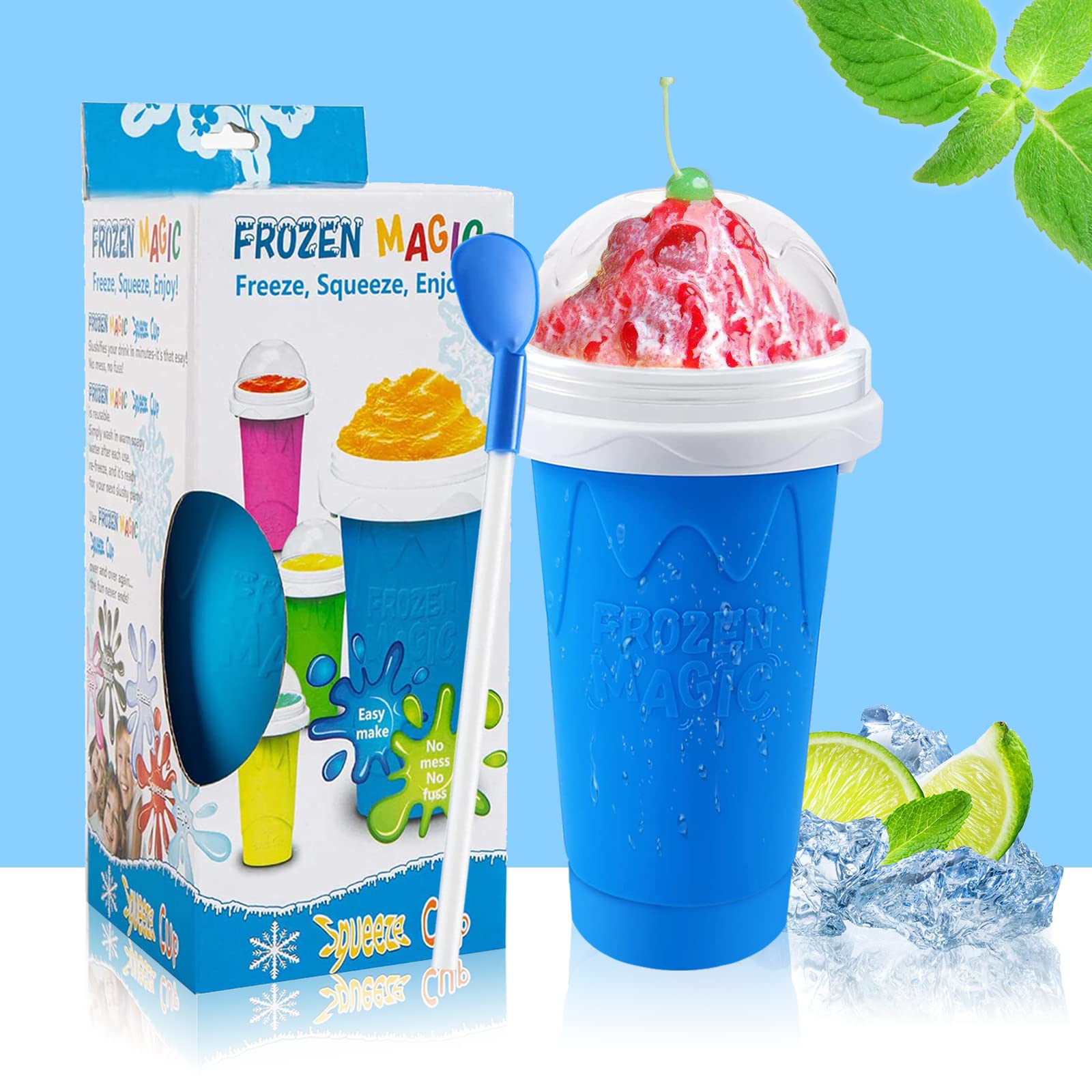 QwayHome 2PC Slushie Maker Cup - DIY Frozen Magic Slushy Cup with Double Layer Silica Gel, Quick Cooling Smoothie & Ice Cream Maker for Homemade Milk Shakes (Blue+Green) - Perfect for Summer Parties, Kids Treats & Backyard BBQs