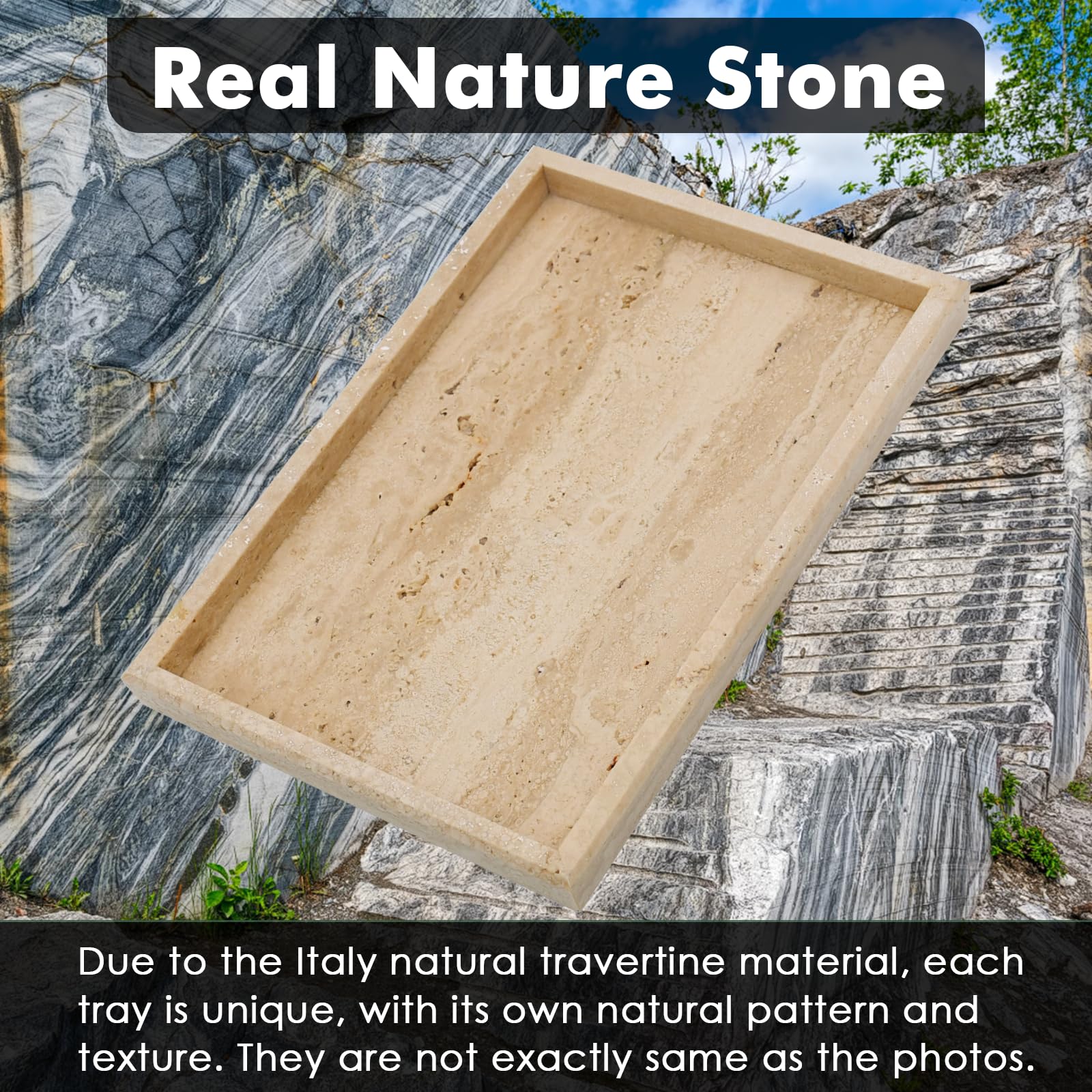 Natural Travertine Stone Tray - Rectangle Bathroom Vanity Organizer for Jewelry, Cosmetics & Perfume | Kitchen & Desktop Decorative Tray for Candles, Lotion & Home Decor | Perfect for Spa Days, Wedding Gifts & Luxury Bathroom Storage