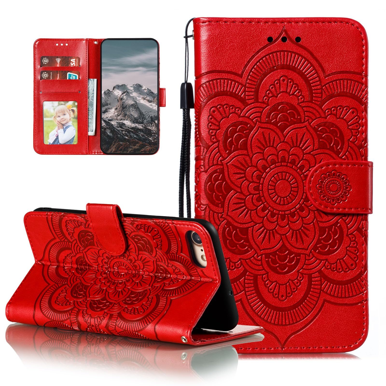 Premium Leather Mandala Flip Wallet Case for iPhone SE/7/8 (5G Compatible) - Magnetic Stand with Card Slots & Lanyard, Ultra Slim Embossed Cover (Red) - Perfect for Daily Commute, Travel & Hands-Free Viewing
