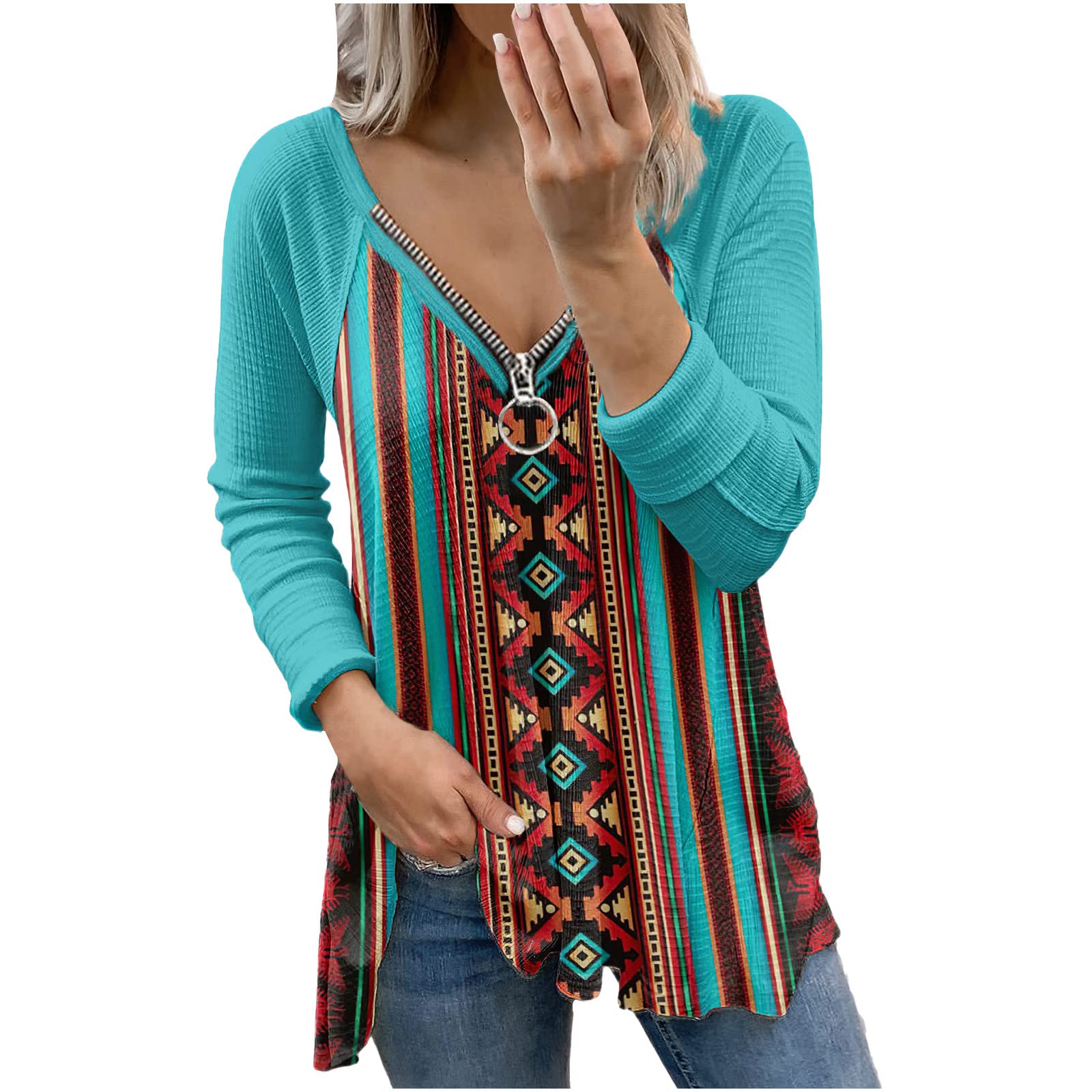 Vintage Aztec Print Women's Long Sleeve V-Neck Tunic Top with Zipper - Waffle Knit Henley Blouse for Western Style & Workout Fashion | Casual Wear, Boho Outfits, Yoga & Gym Clothes