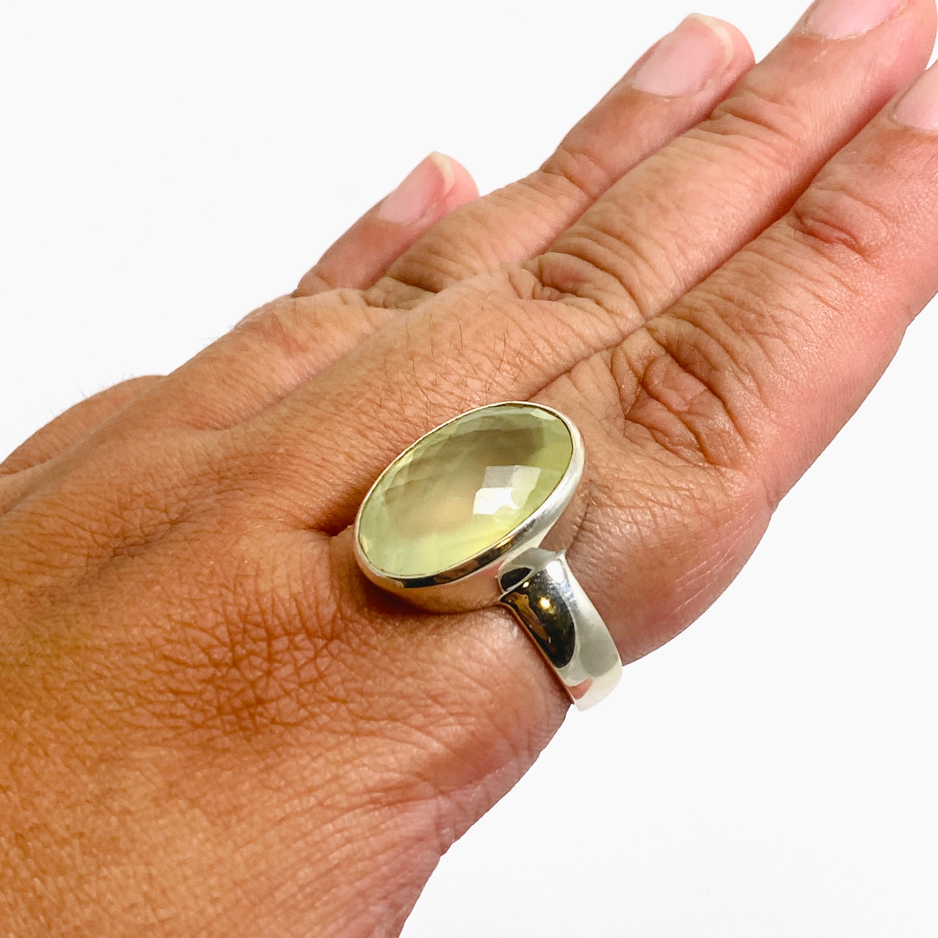 Prehnite Oval Checkerboard Faceted Ring - Size 12 Sterling Silver Jewelry for Women - Perfect for Wedding, Anniversary & Special Occasion Gifts