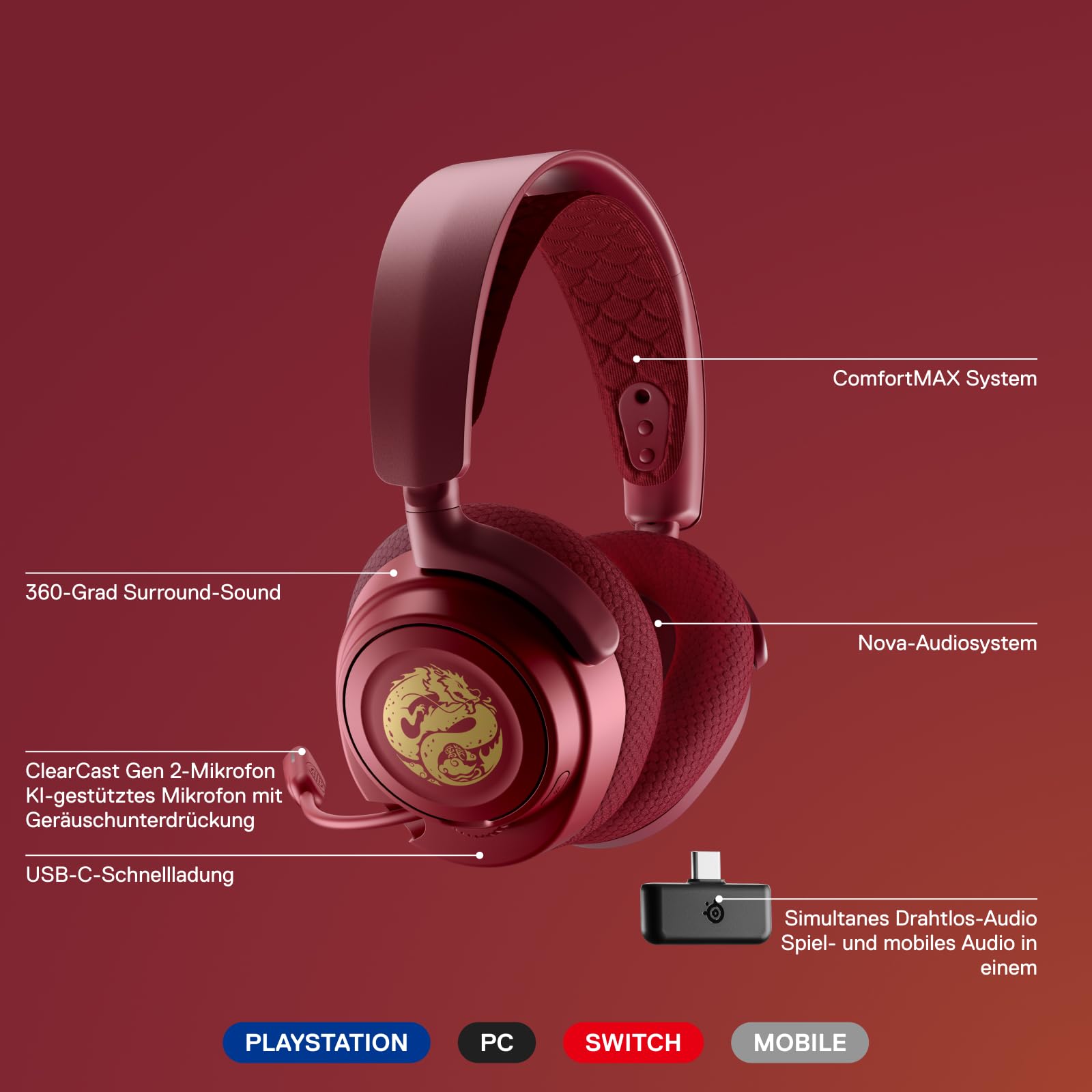 SteelSeries Arctis Nova 7 Wireless Gaming Headset - Multi-Platform Dragon Edition with 2 Speaker Covers - Dual Wireless 2.4GHz & Bluetooth - 38-Hour Battery for PC, PS5, Mobile, Nintendo Switch - Perfect for Competitive Gaming, Streaming & Work from Home