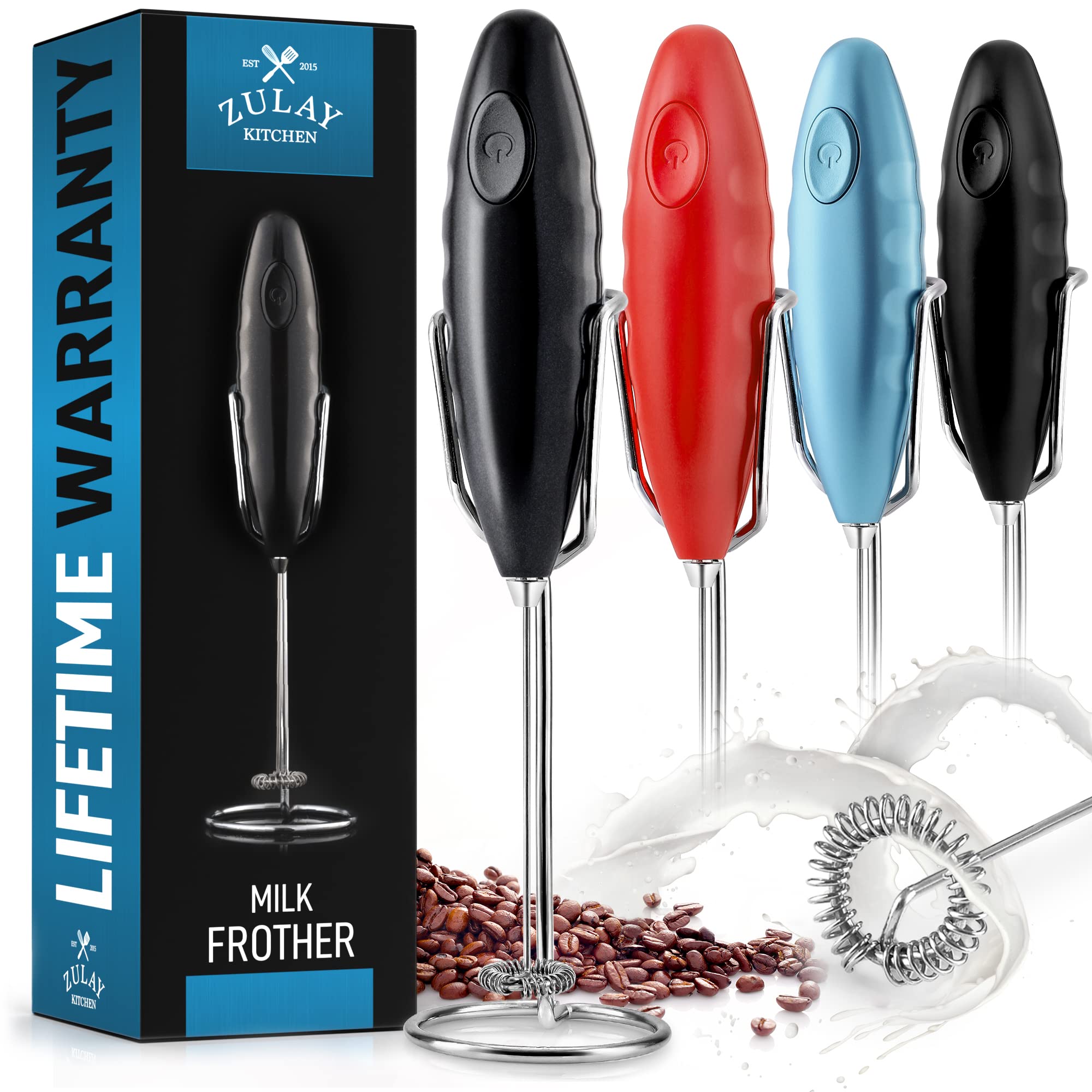 Premium Electric Milk Frother for Coffee & Matcha - Zulay Double Grip Handheld Foam Maker with Stand - Powerful Whisk for Lattes, Cappuccinos, Hot Chocolate - Perfect for Home Baristas & Coffee Shops (Metallic Black)