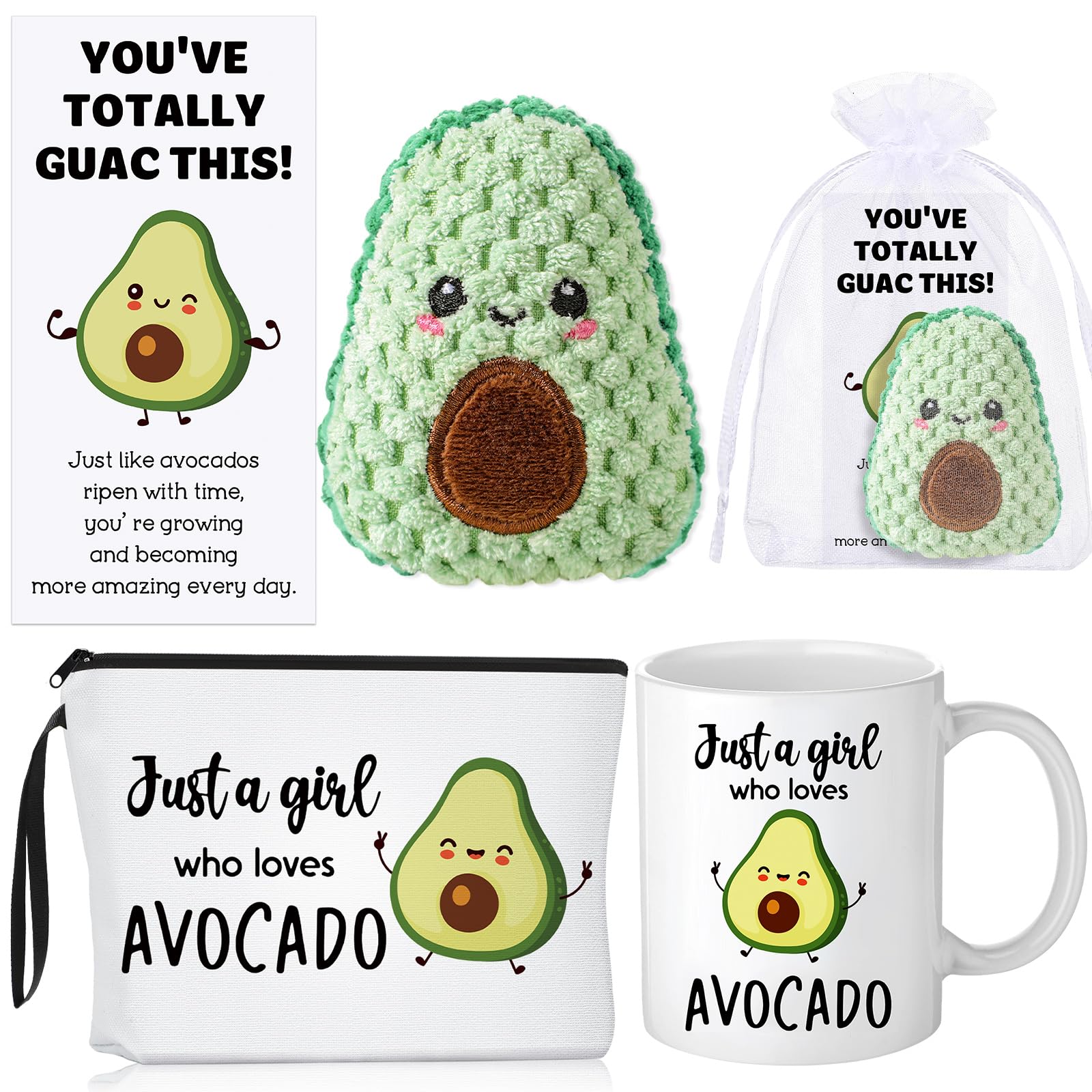 5 Pack Inspirational Avocado Themed Gifts Set - Funny Crochet Coffee Mug & Makeup Bag with Card for Women, Girlfriend, Employee - Perfect for Birthday, Baby Shower & Daily Use at Home/Office