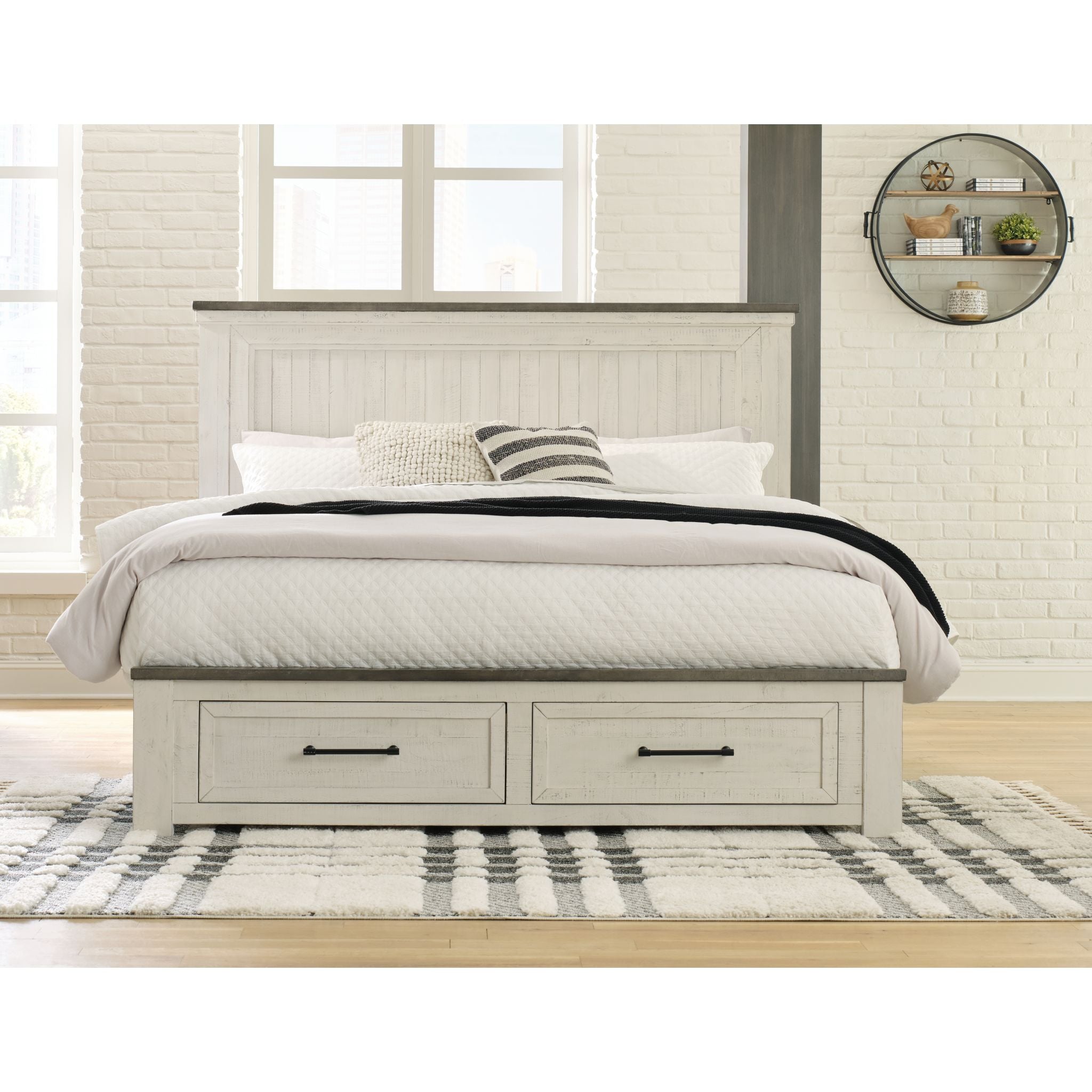 Brewgan King Panel Bed - Two Tone Wood Finish, Modern Platform Bed Frame with Headboard - Perfect for Master Bedroom & Guest Room Decor