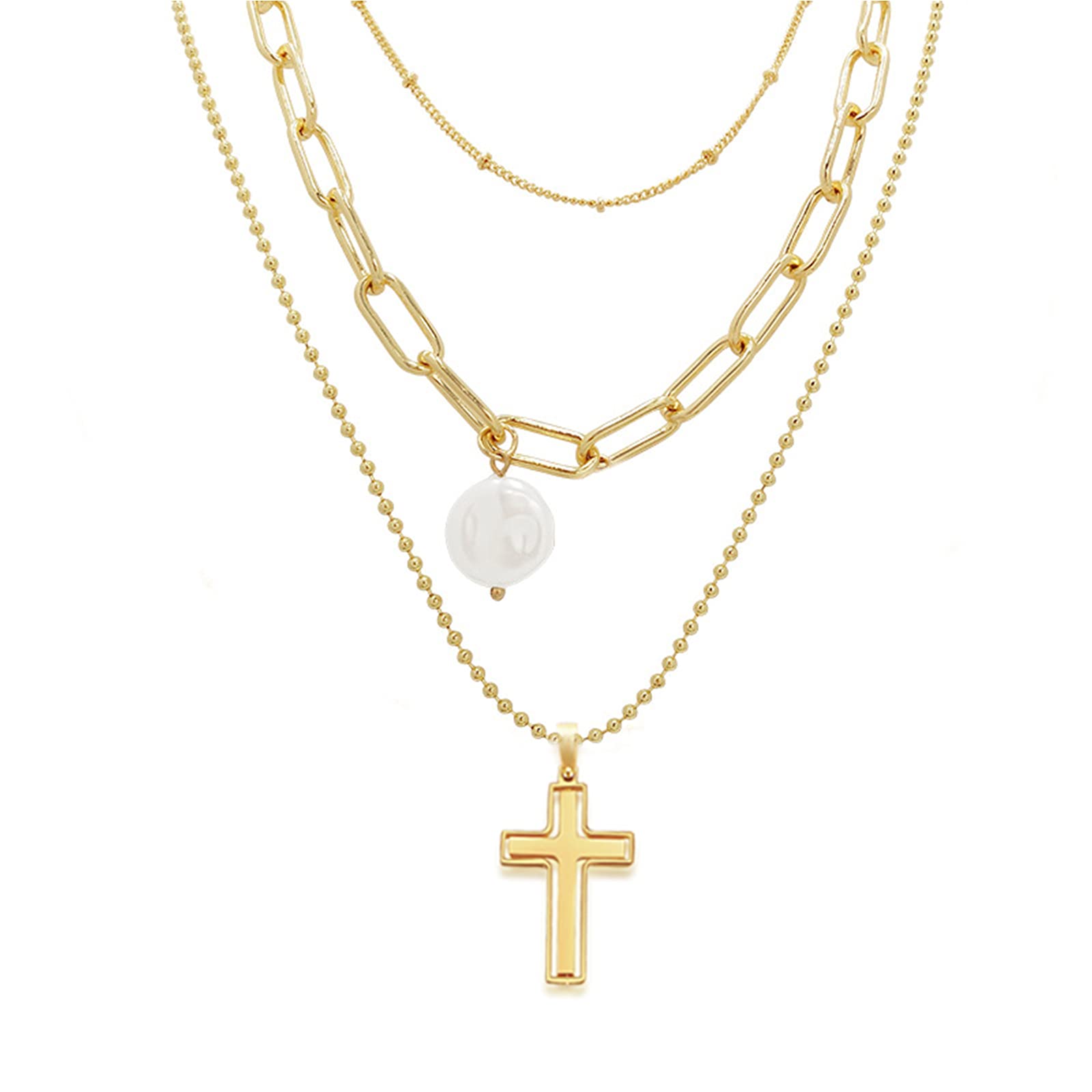 AMIREUX 14K Gold Plated Layered Cross Necklace for Women - Adjustable Religious Jewelry, Perfect Graduation Gift & Everyday Fashion Accessory (Ideal for Church, Parties, and Special Occasions)